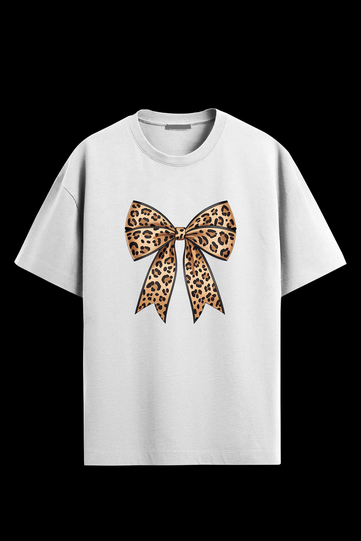 ArtWearDesign Kadın Oversize LEOPAR DESENLİ KURDELE DETAYLI %100 Pamuk Bisiklet Yaka Kısa Kol Süprem T-Shirt