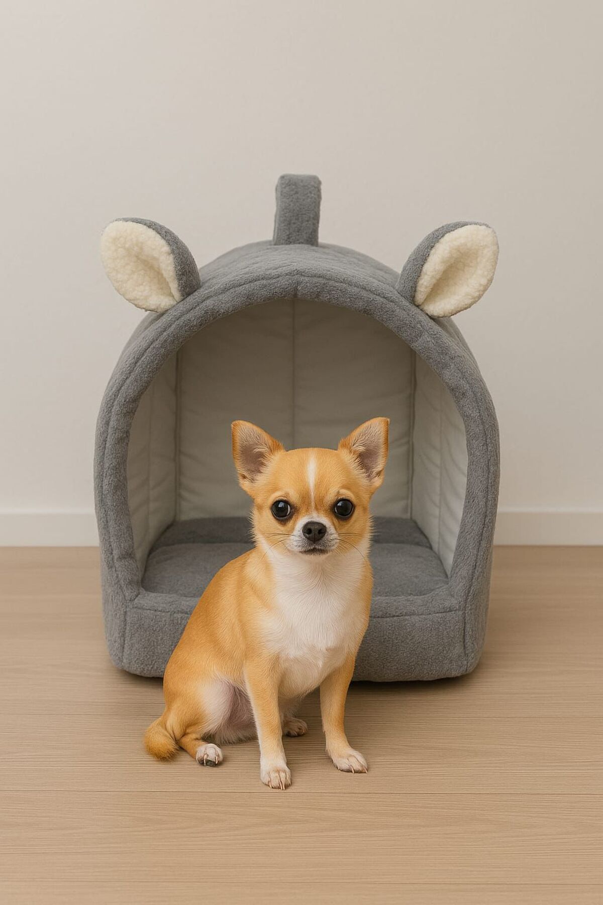 çilekev Kulak Detaylı Kapalı Peluş Kedi ve Küçük Irk Köpek Evi – Gri