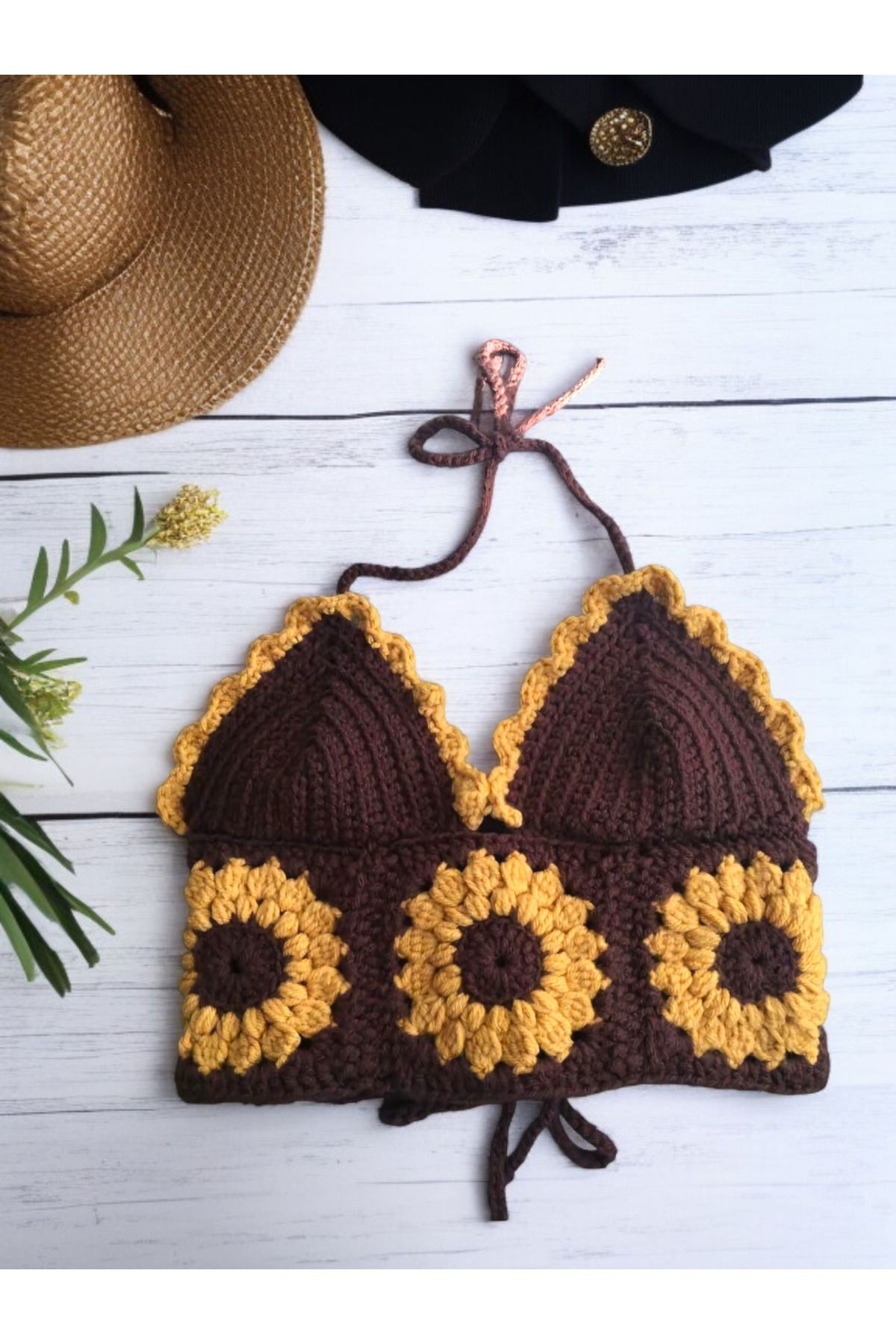 ThreadArtByNur Ayçiçek Motifli El Örügüsü Büstiyer Crop Yaz Modası