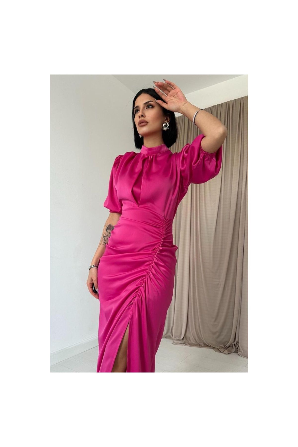 LUCKY LİFE Fuşya Büzgülü Saten Elbise