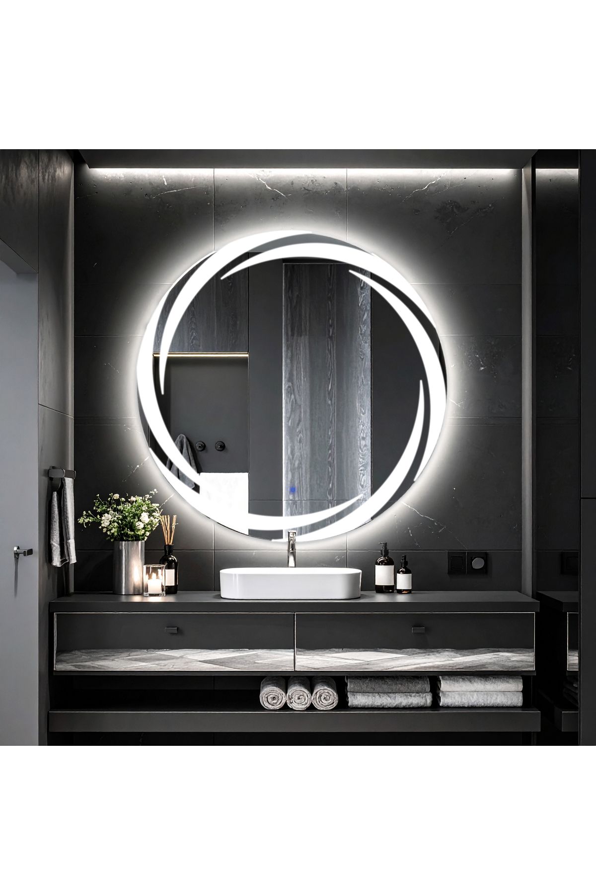 lumora mirror design Whirilwind Beyaz Led'li Lazer Kumlamalı Lavabo & Banyo Aynası (Dokunmatik Sensörlü)