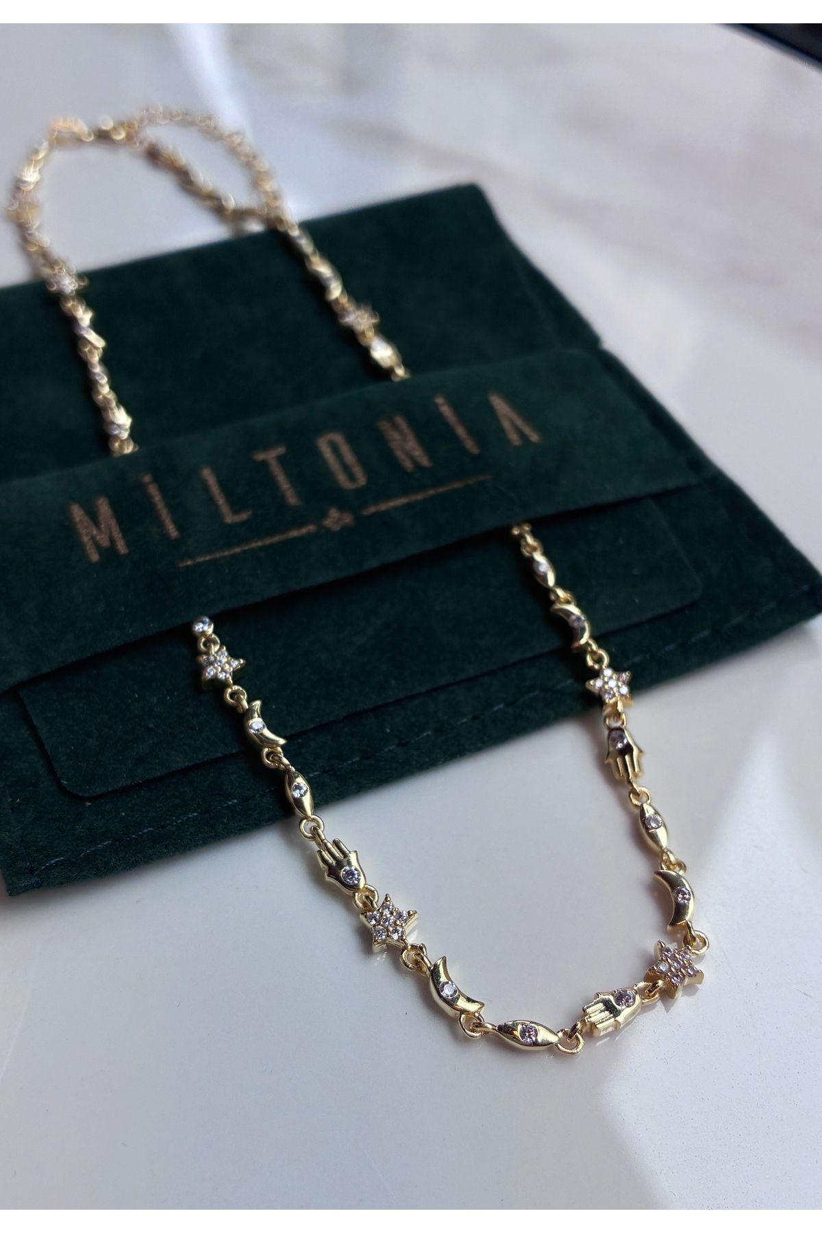 Miltonia 925s Gümüş Fatıma’nın Eli Ay Yıldız Tasarım Choker Kolye