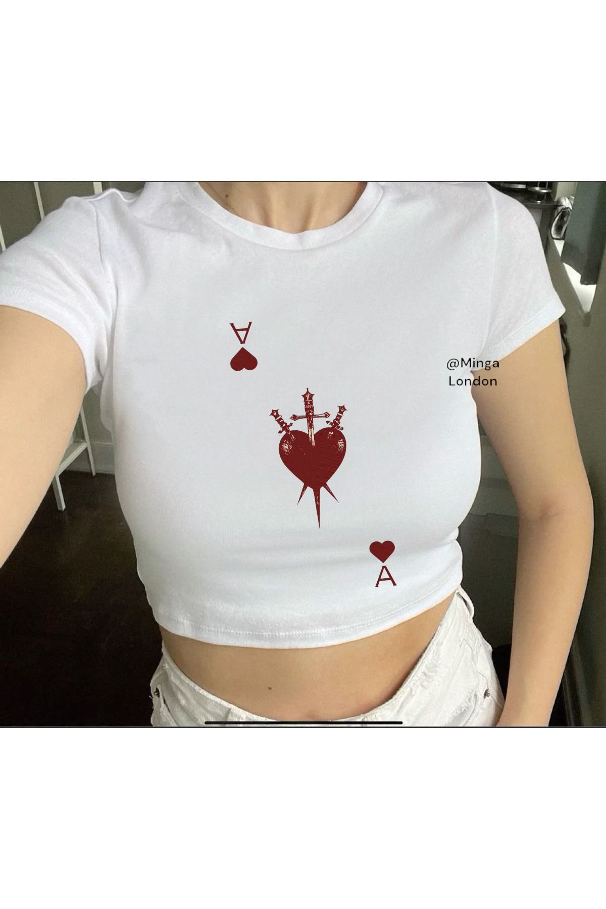 Minga London Beyaz Heartache Playing Card Crop Bluz -Ghostella