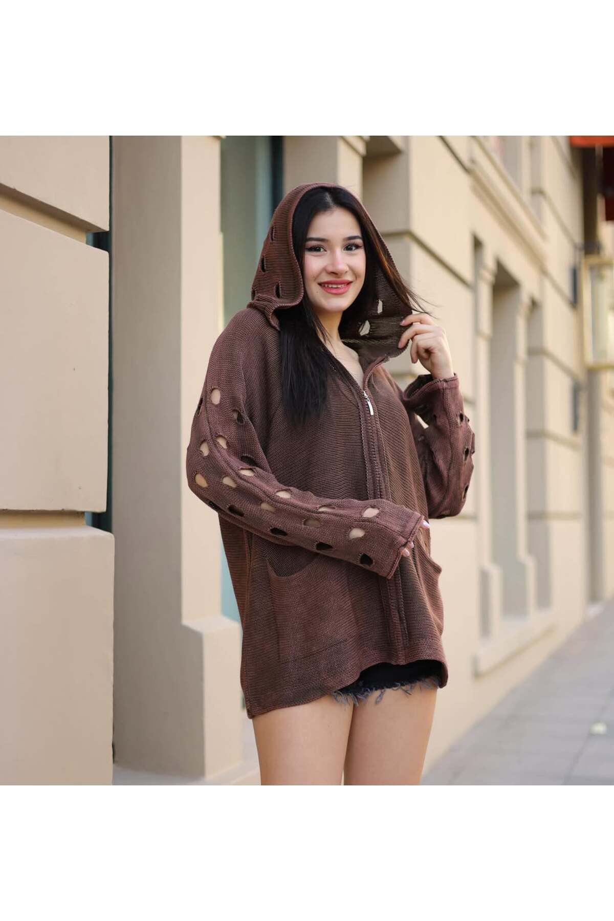 Schs Etnik bohem ve otantik tarz ajurlu kol kapşonlu % 90 pamuk standart beden sweat shirt