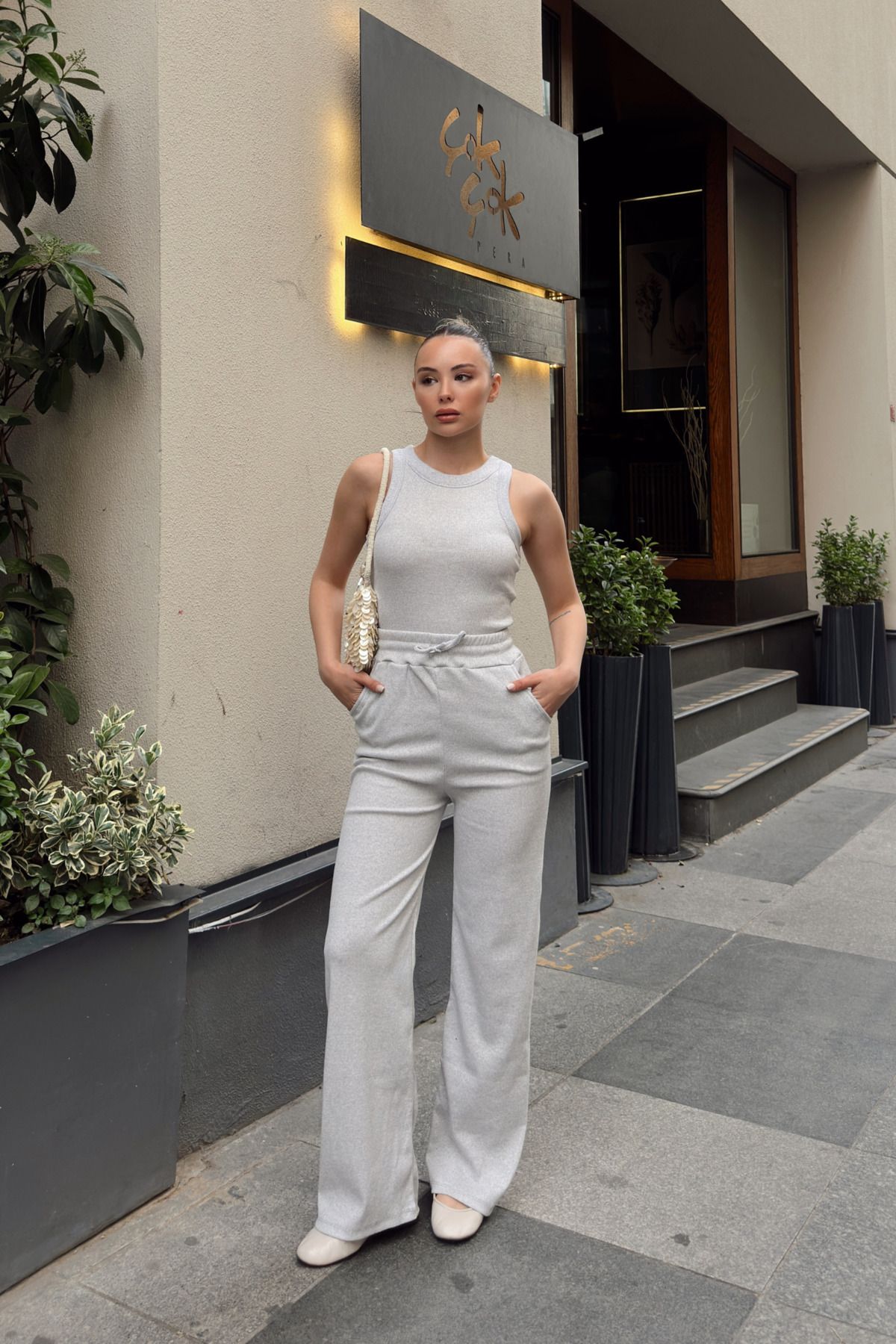 Siner Fashion Kadın Halter Yaka Atlet Bol Paça Pantolon Takım