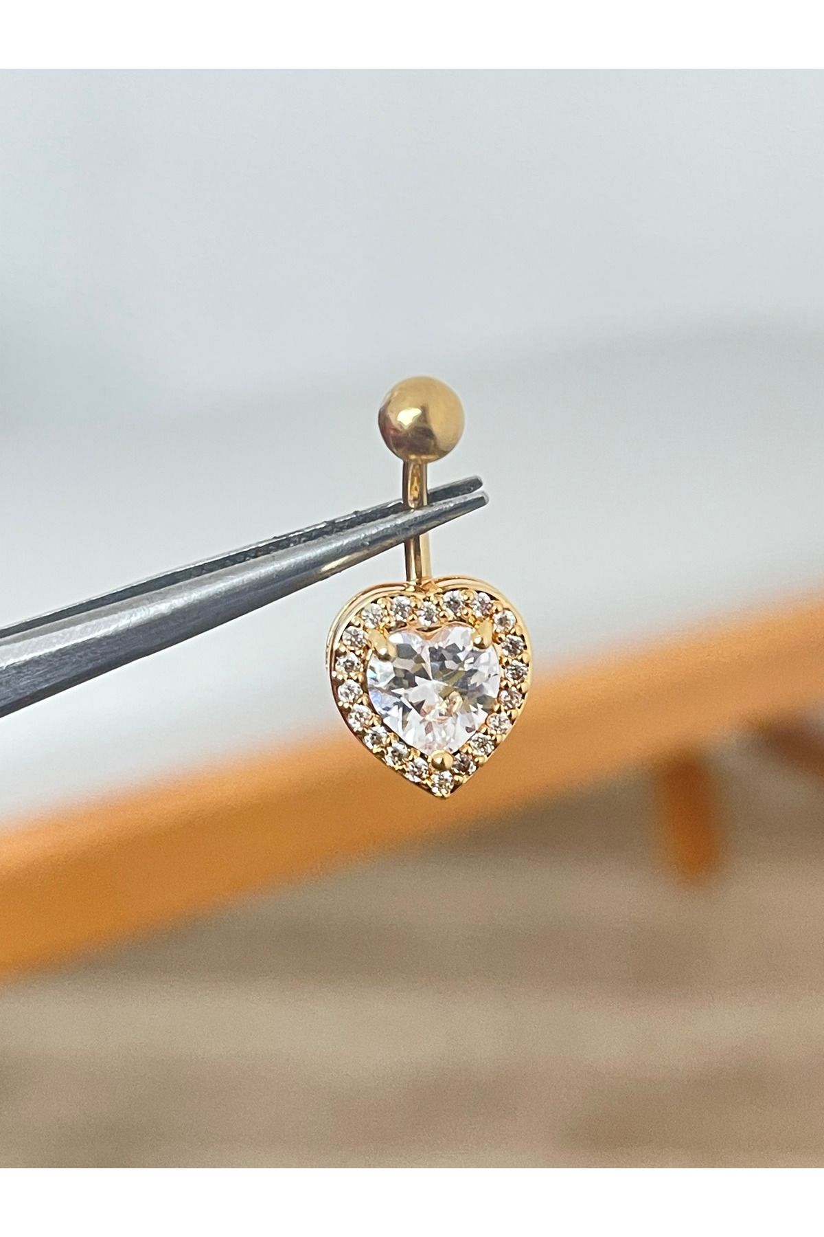 Rupen Kraft 316 L Cerrahi Çelik Parlak Taşlı Kalp Detaylı Göbek Piercingi Altın