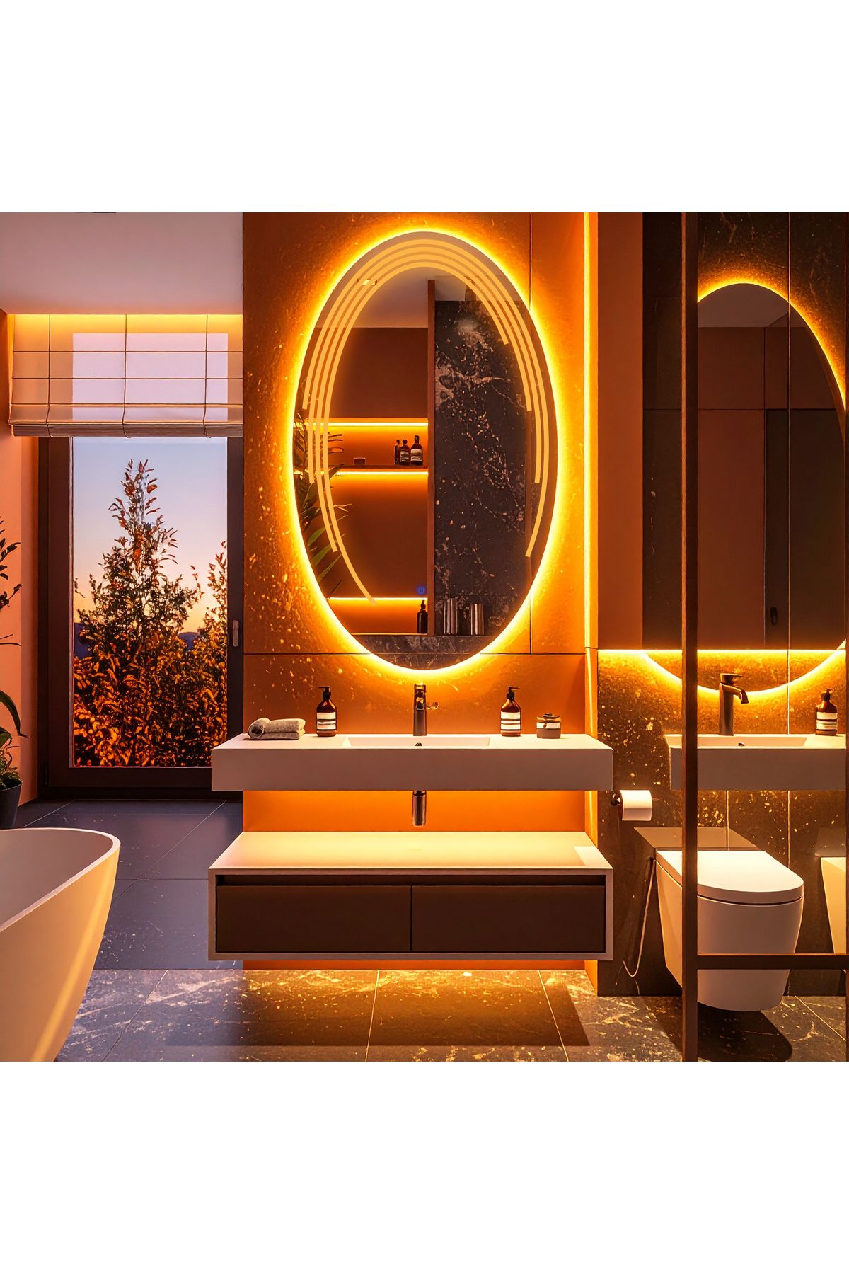 lumora mirror design Elliptika Amber Led'li Lazer Kumlamalı Lavabo & Banyo Aynası (Dokunmatik Sensörlü)