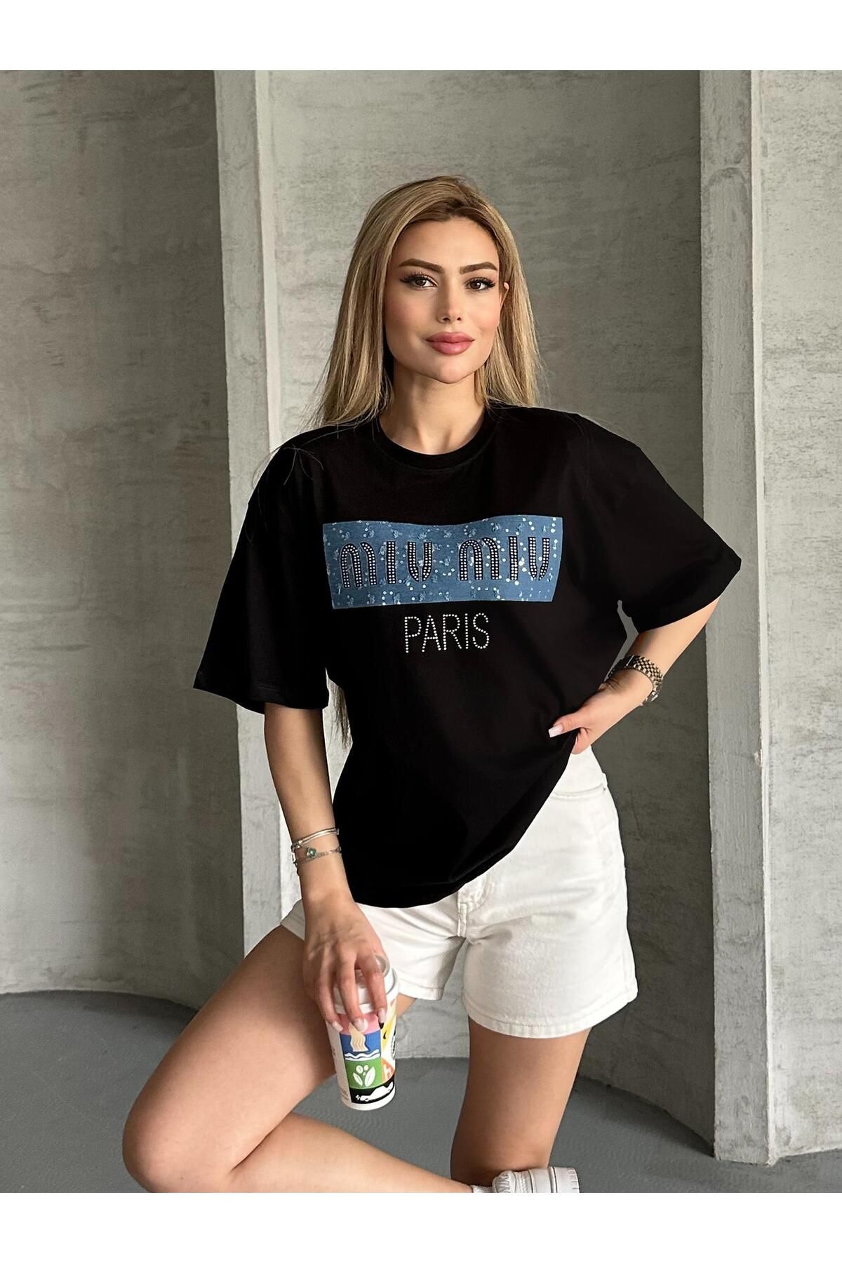 FERZOLAİO Miu Taşlı Paris Siyah T-Shirt