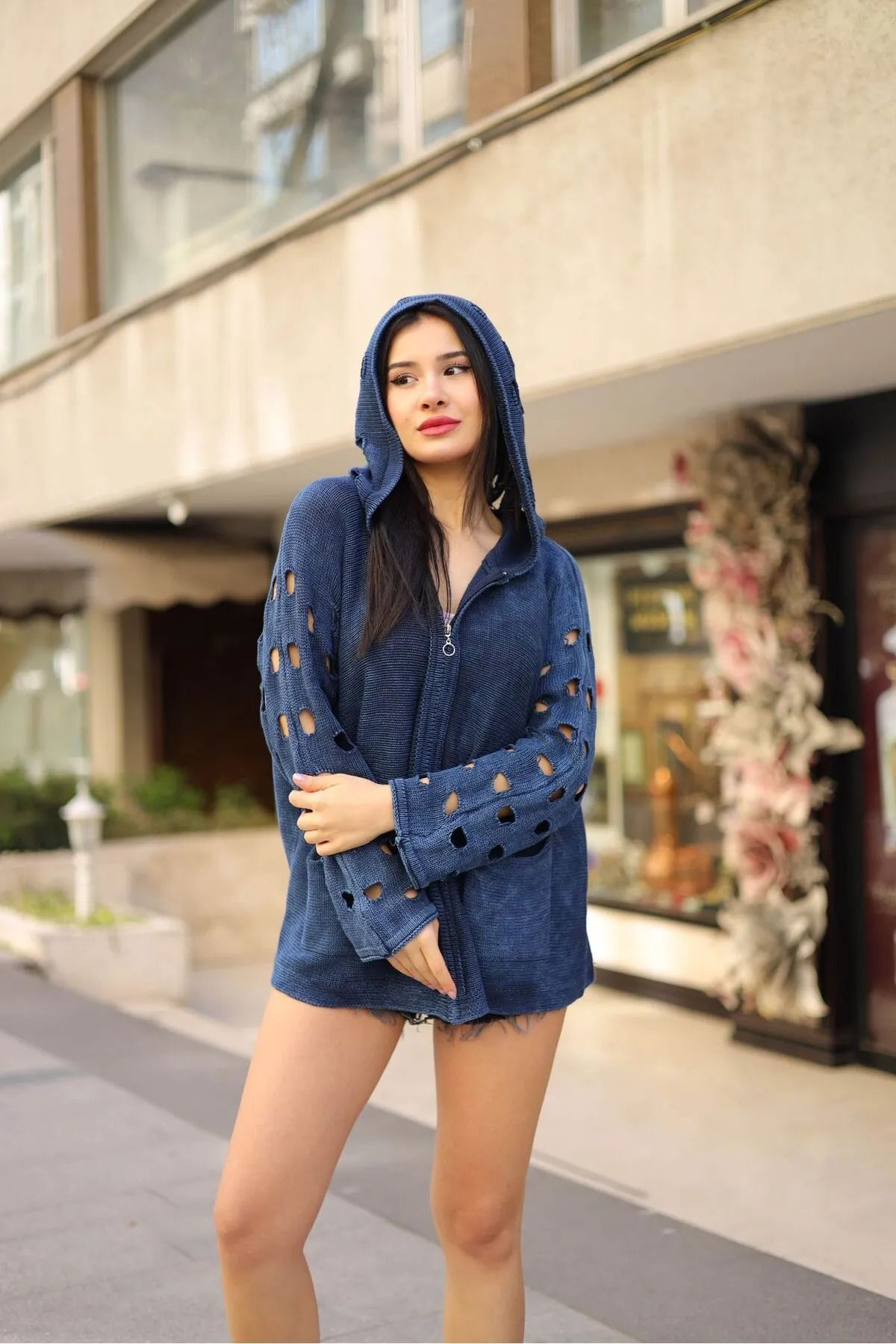 Schs Etnik bohem ve otantik tarz ajurlu kol kapşonlu % 90 pamuk standart beden sweat shirt