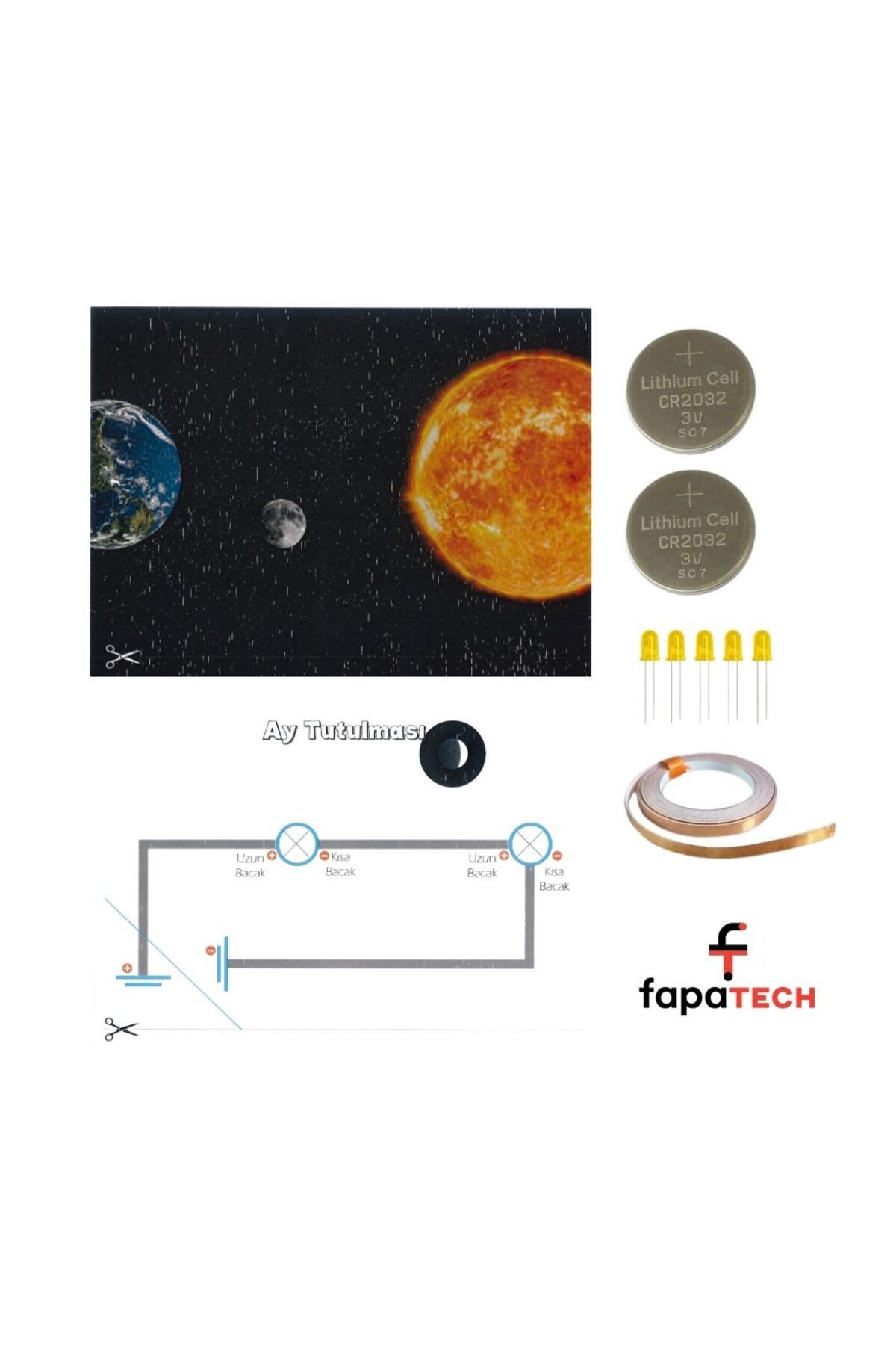 Fapatech Güneş Ay Tutulması Fen Bilim Deneyi - Bakır Folyo İletken Bant 5mm LED,CR2032 Pil Kağıt Devre Kit