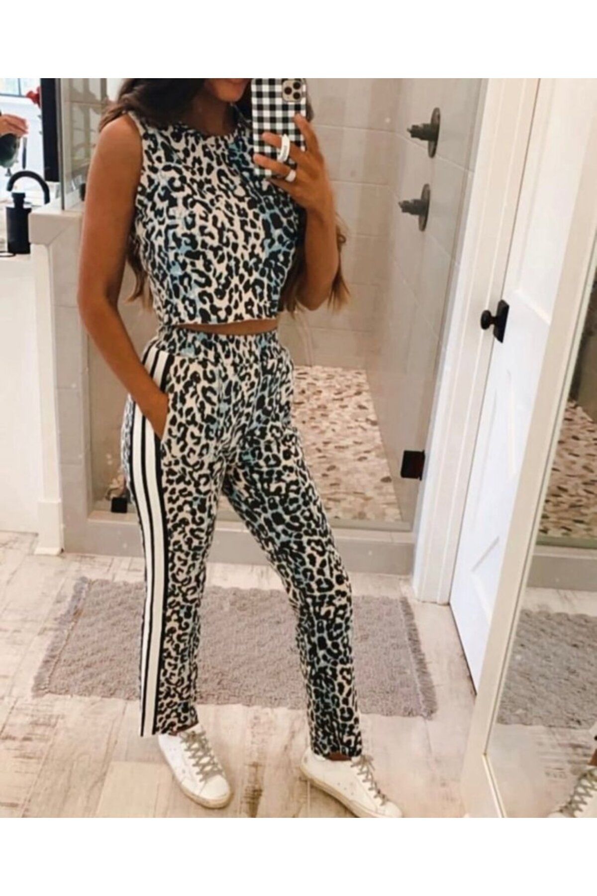 velmorafashion Kadın Dalgıç Kumaş Dijital Leopar Baskılı şerit Detaylı Takım