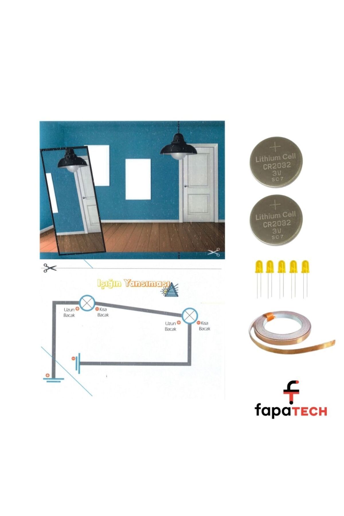 Fapatech Işığın Yansıması Fen Bilimleri Deneyi - Bakır Folyo İletken Bant 5mm LED,CR2032 Pil Kağıt Devre Kit