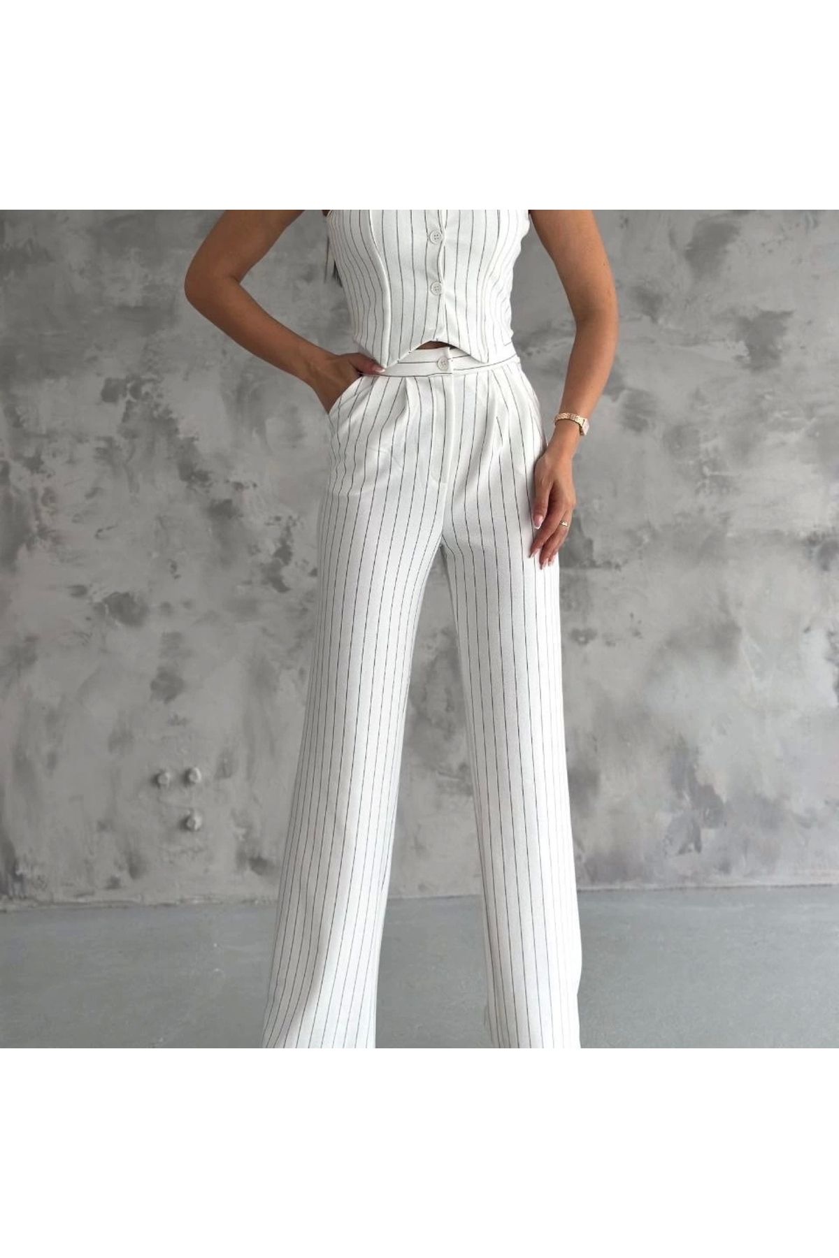 BYB MODA TASARIM Çizgili palazzo pantolonlu yelek takım s3395