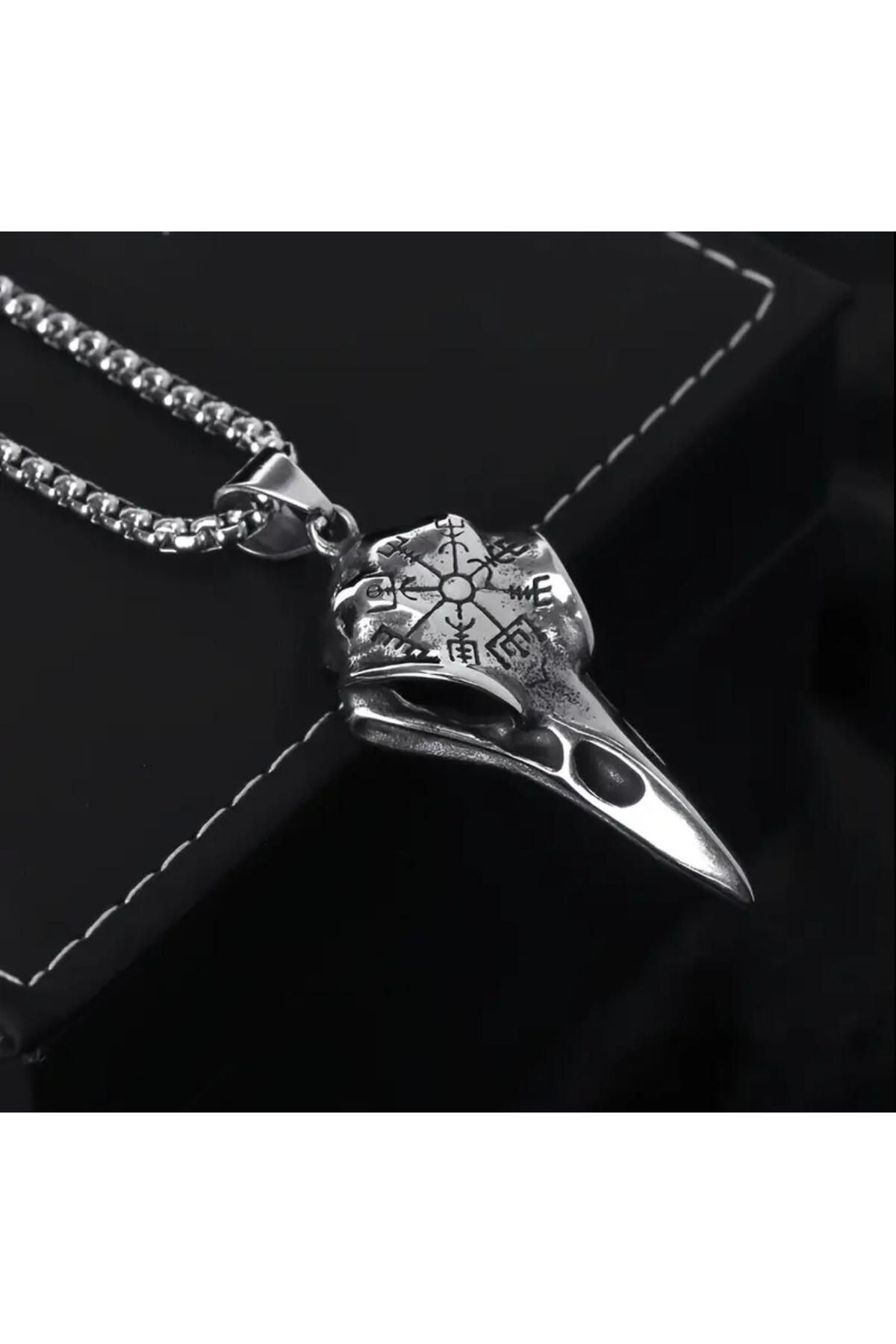Tudivanyu Aksesuar Viking Odin Raven Vegvisir İşlemeli Kuzgun Kafatası Gotik Çelik Kolye