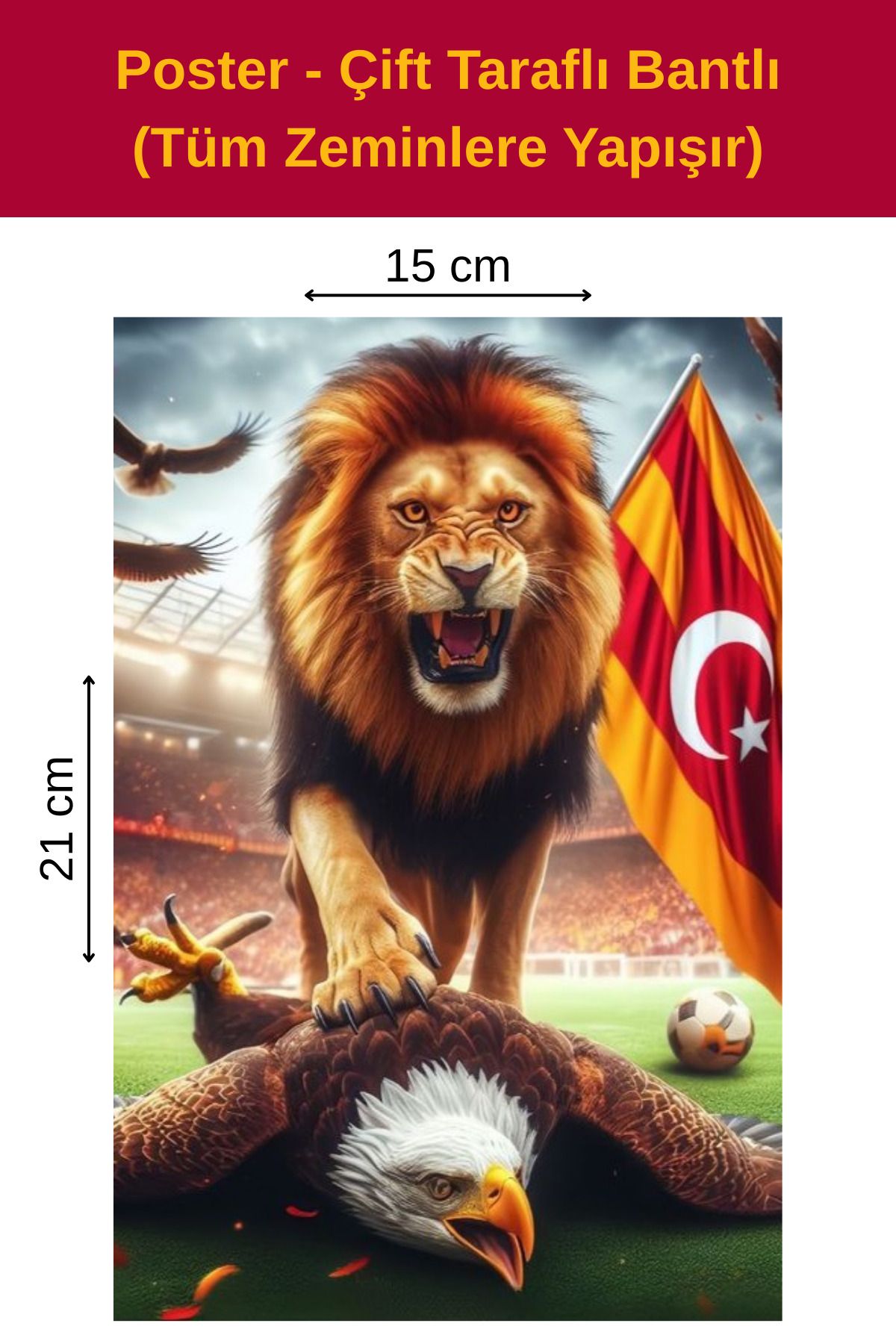 Organik Yolda Aslan Kartalı Eziyor Poster, Çift Taraflı Bantlı, Tüm Zeminlere Yapışır, (15 x 21 cm).