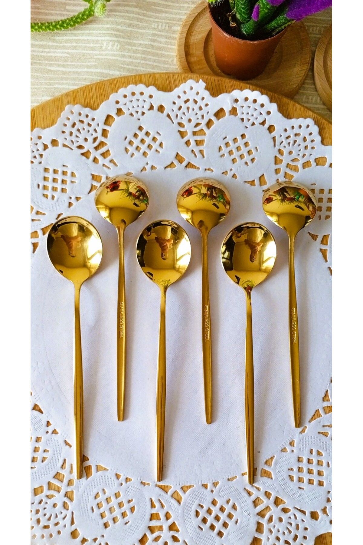 BRE HOME Modern Tasarım Gold Renk Paslanmaz Çelik 6 Parça Lüx TATLI KAŞIĞI Seti
