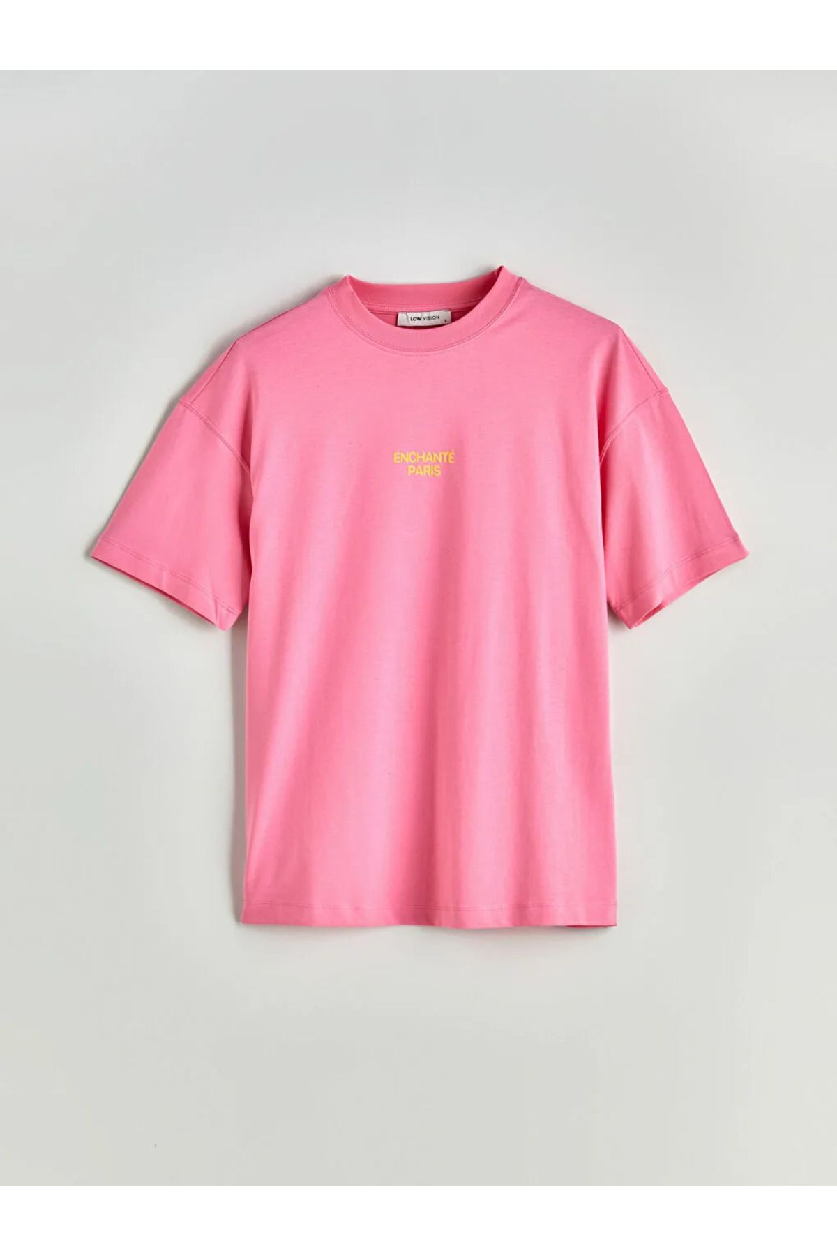LC Waikiki LCW Vision Pembe Bisiklet Yaka Nakışlı Oversize Kadın Tişört