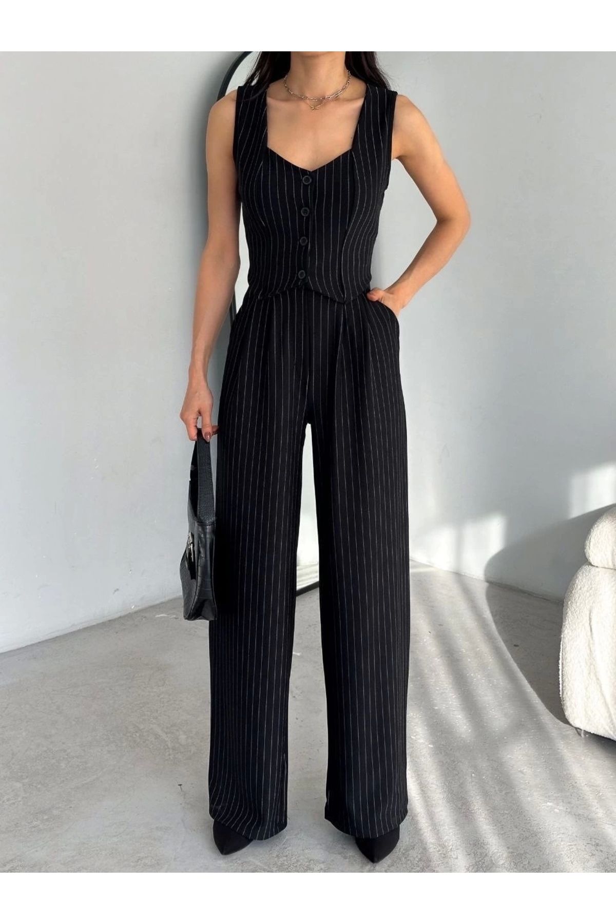 ufukmoda Çizgili palazzo pantolonlu yelek takım s3395