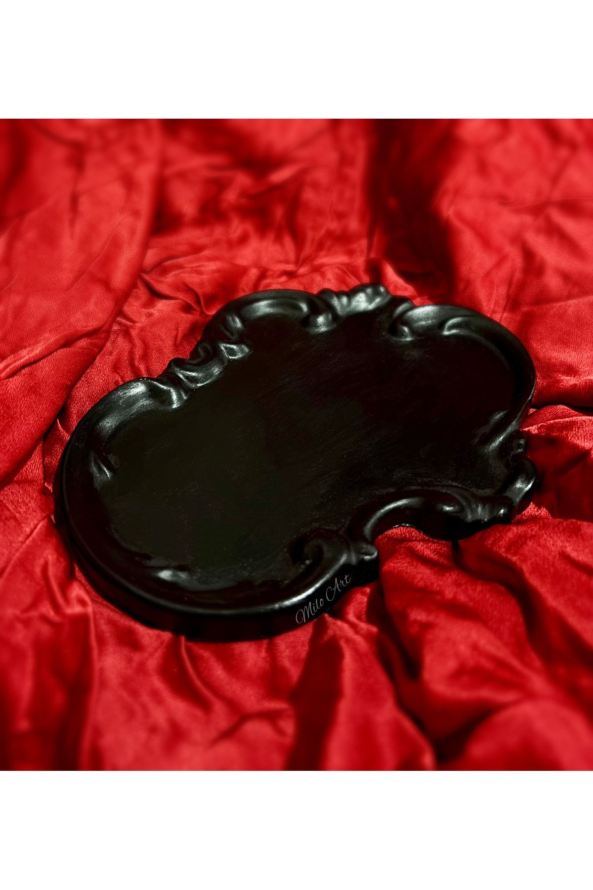 Milo Art El Yapımı Siyah Dekoratif Tepsi Sunumluk Altlık Takı Tabağı Organizer Kabartmalı Takı Tabağı Cilalı
