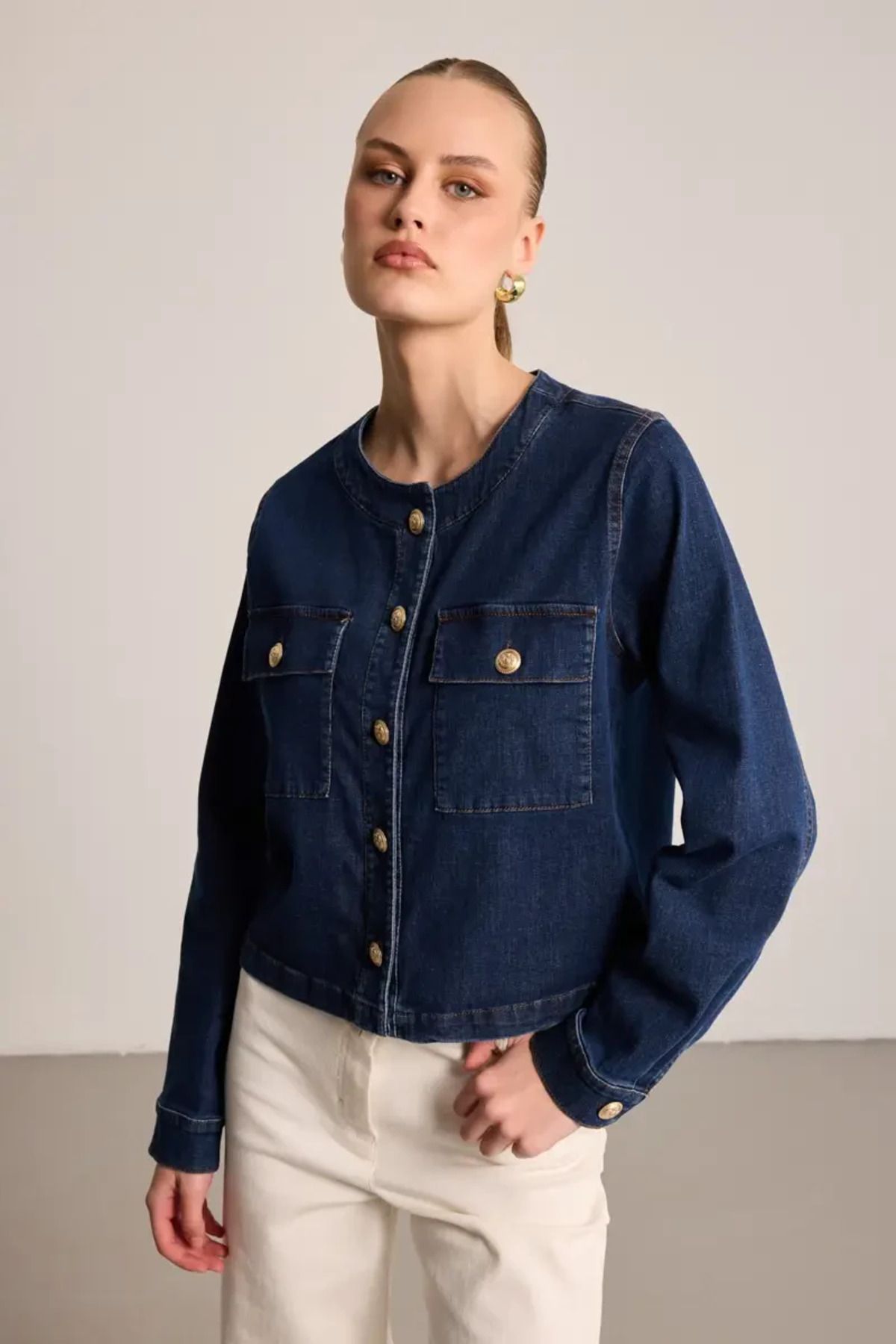 Gusto Yuvarlak Yakalı Denim Ceket - Mavi
