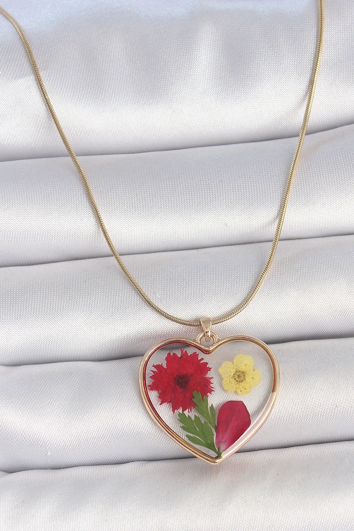 STOREMAX 316L Çelik Gold Renk Zincir Epokis Kalp Doğal Çiçek Model Kadın Kolye - TJ-BKO10068