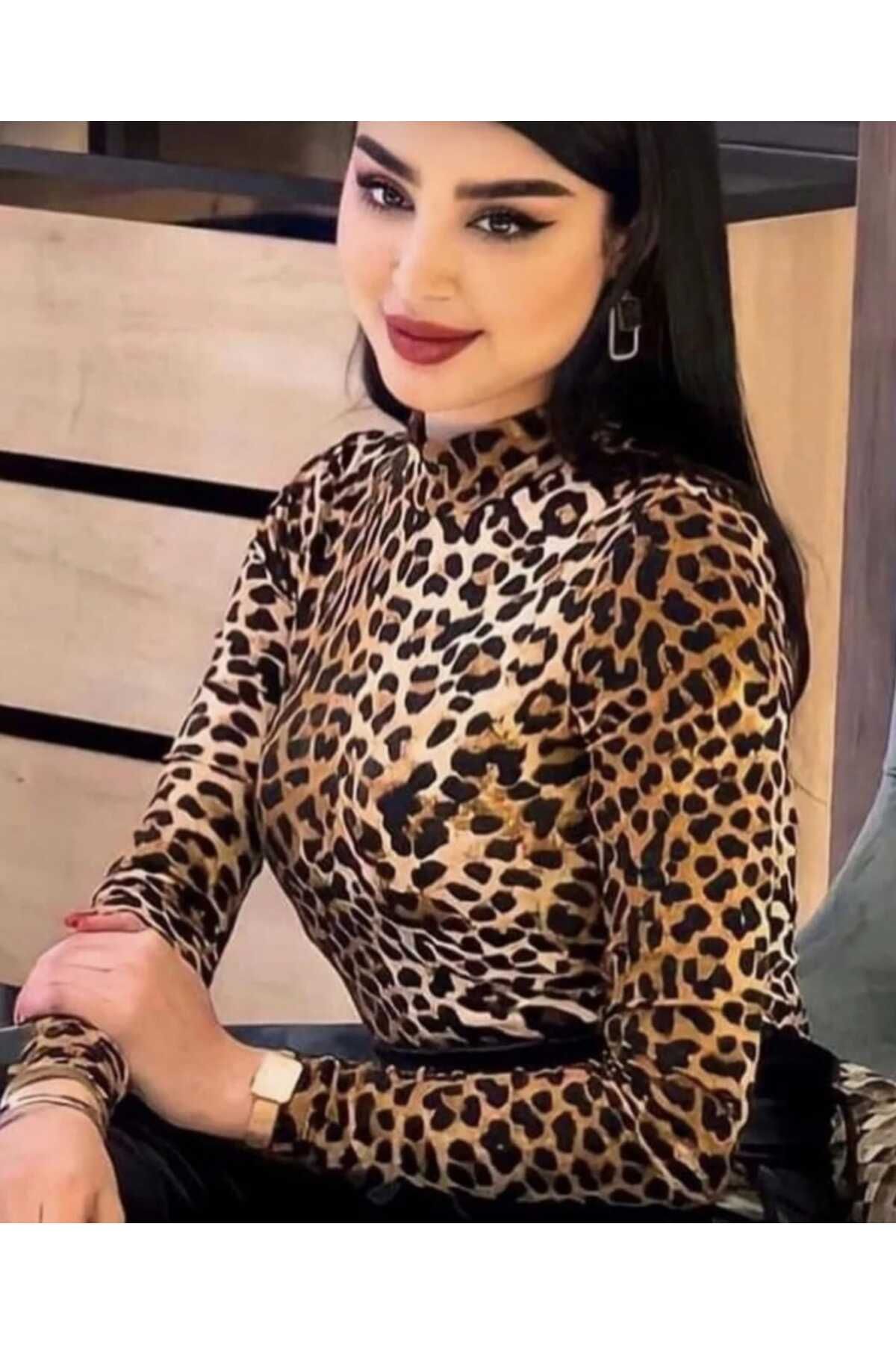 Mrs.idea Leopar Desenli Likralı Kumaş Bluz