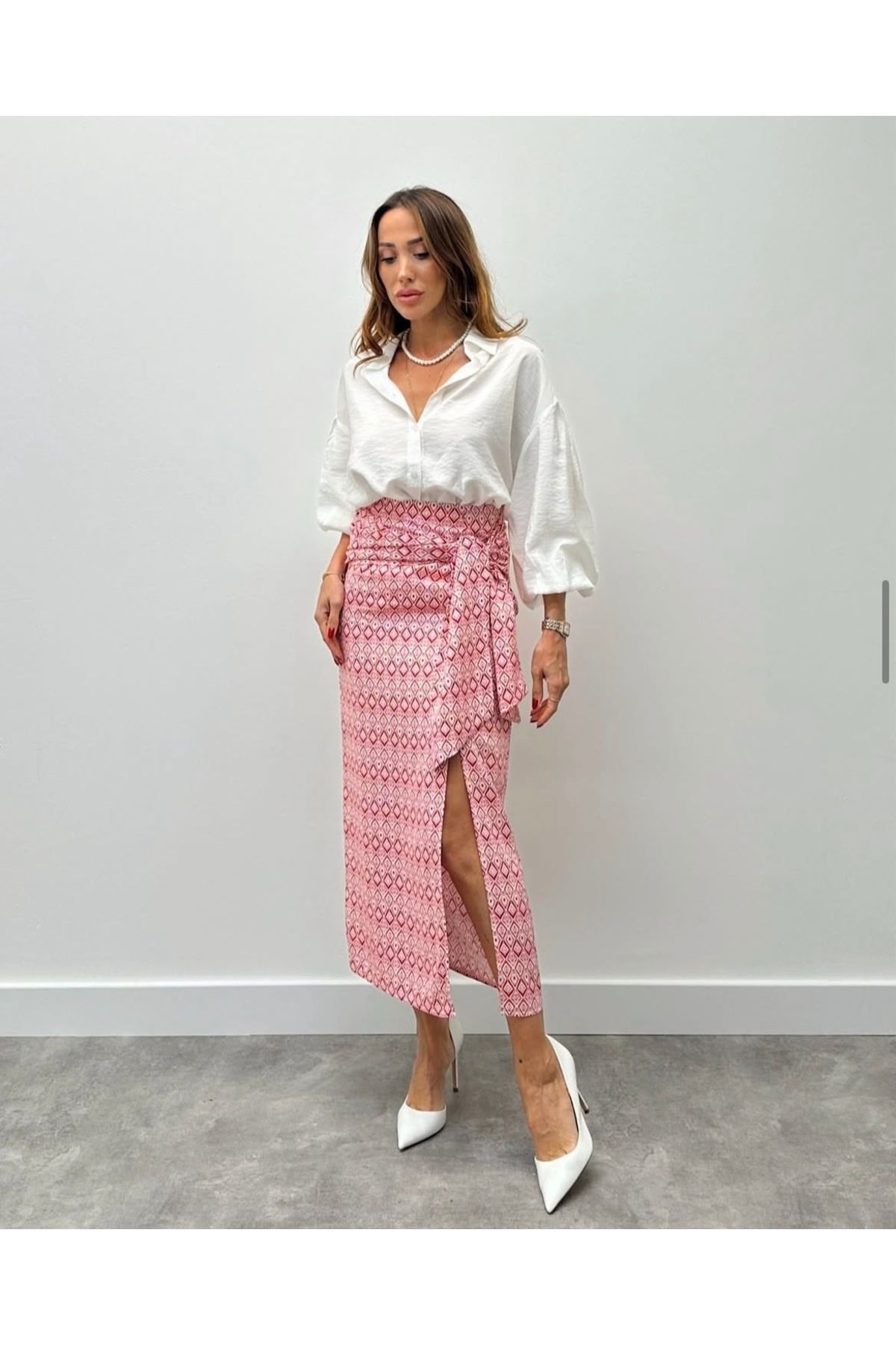 silk&more Pembe Desenli Yırtmaçlı Etek