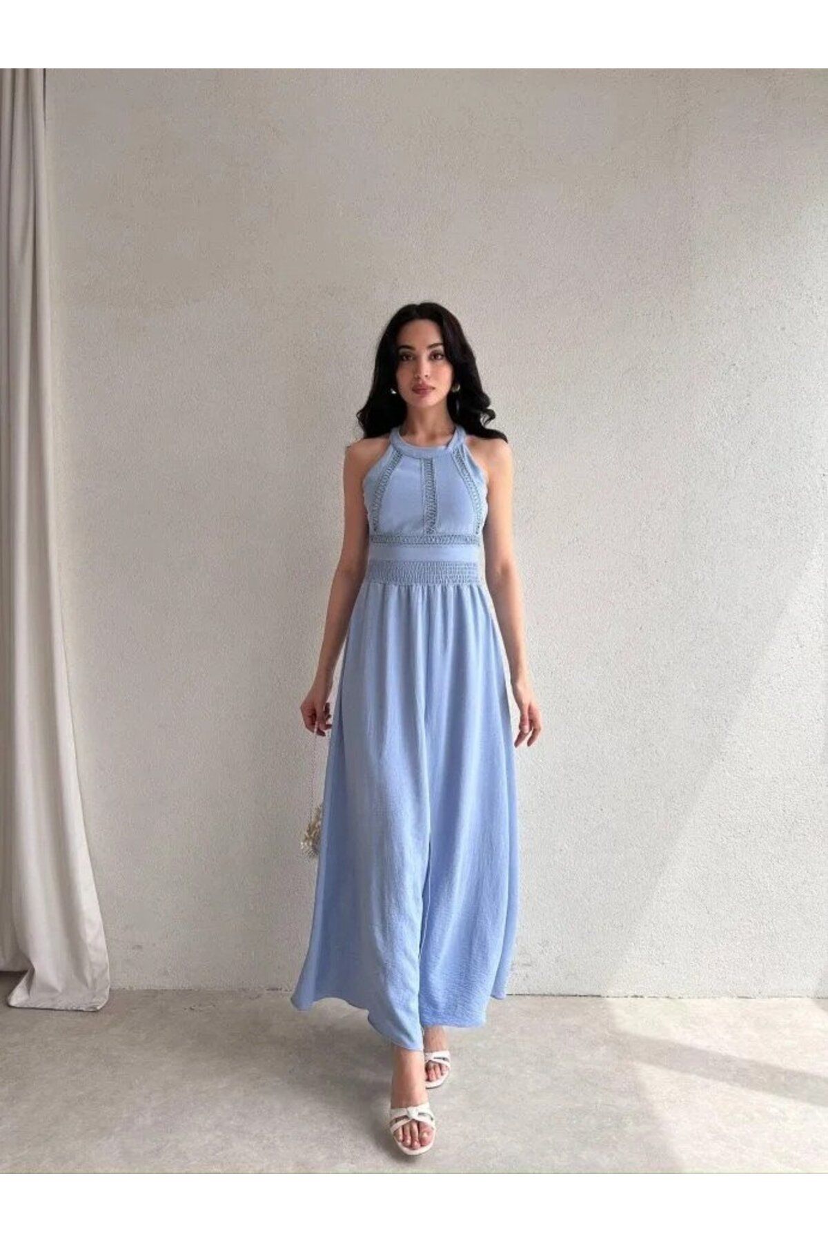 fh fashionhere Kadın Krinkil Kumaş Beli Gipeli Halter Yaka Maxi Boy Elbise