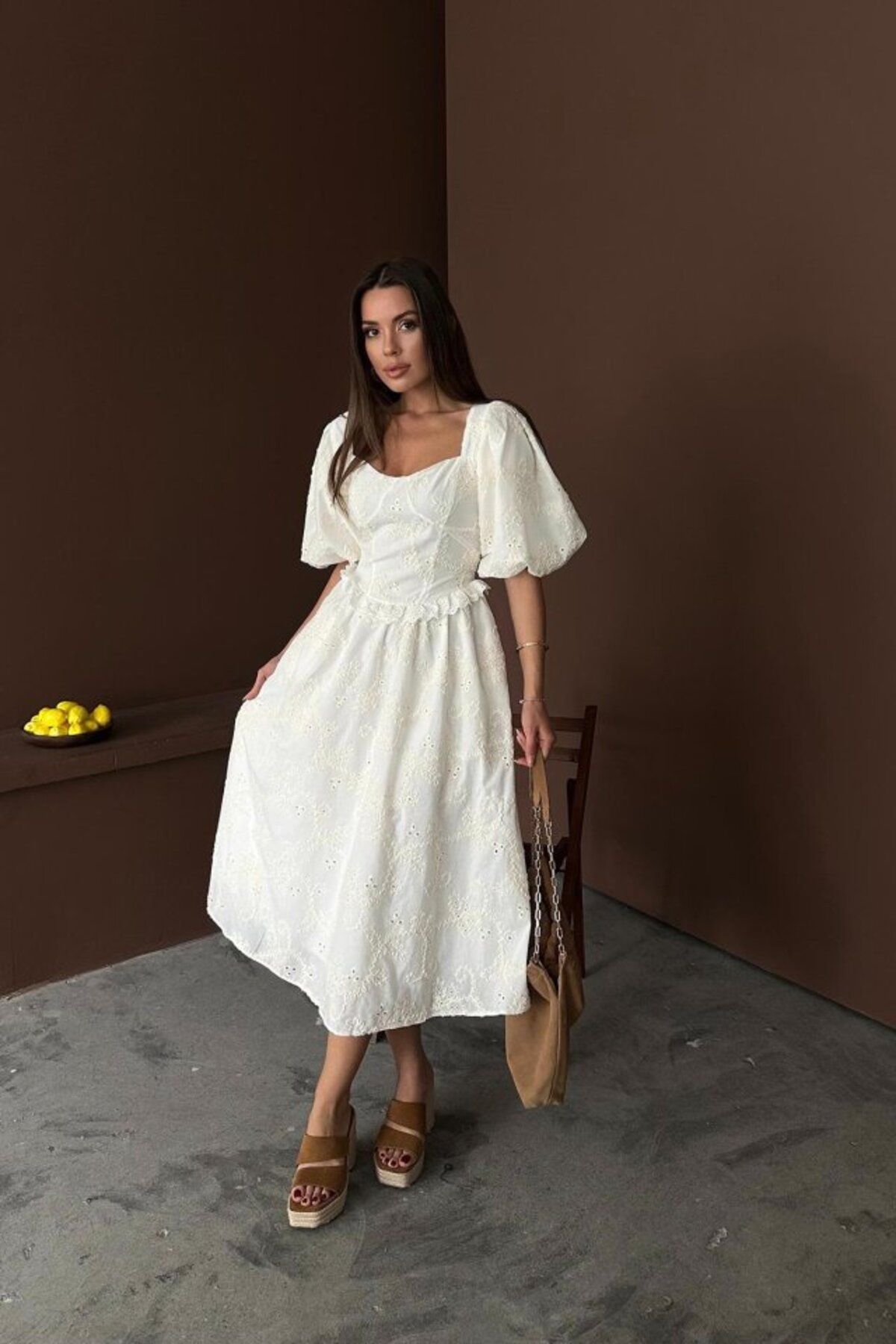fh fashionhere Ekru Balon Kollu Dantelli Brode Elbise
