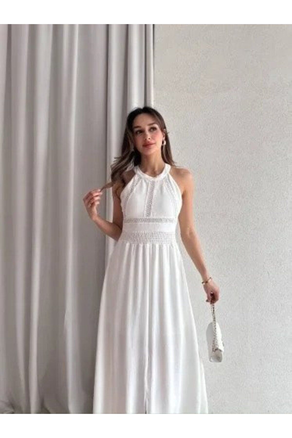 fh fashionhere Kadın Krinkil Kumaş Beli Gipeli Halter Yaka Maxi Boy Elbise