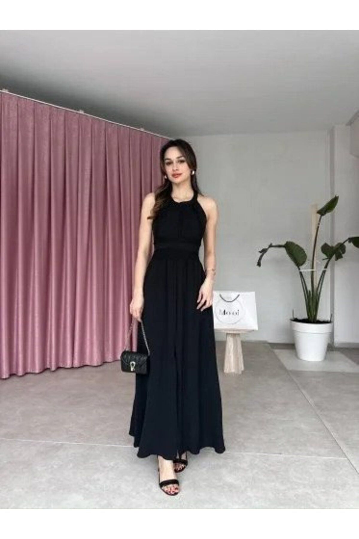 fh fashionhere Kadın Krinkil Kumaş Beli Gipeli Halter Yaka Maxi Boy Elbise