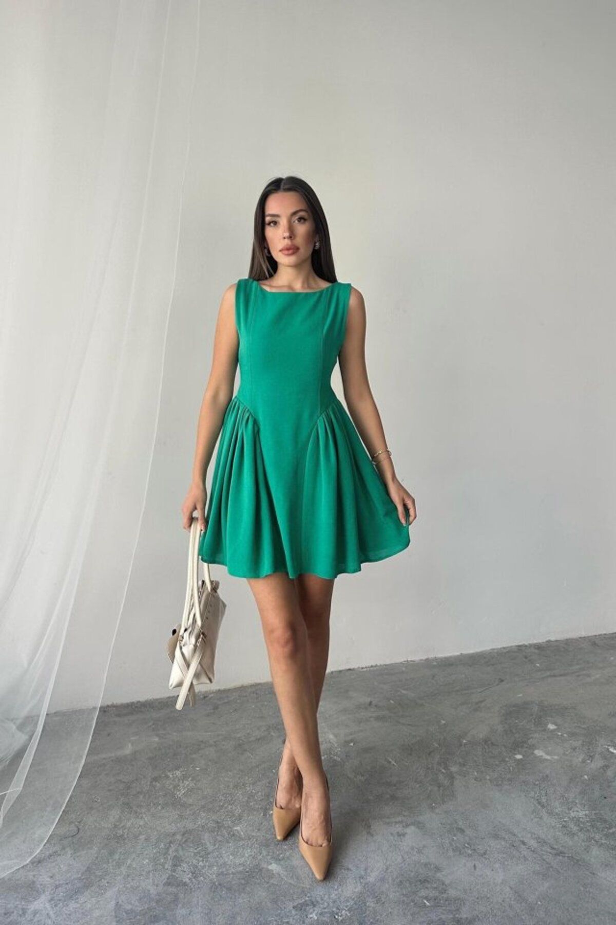 fh fashionhere Yeşil Mini Boy Büzgülü Keten Elbise