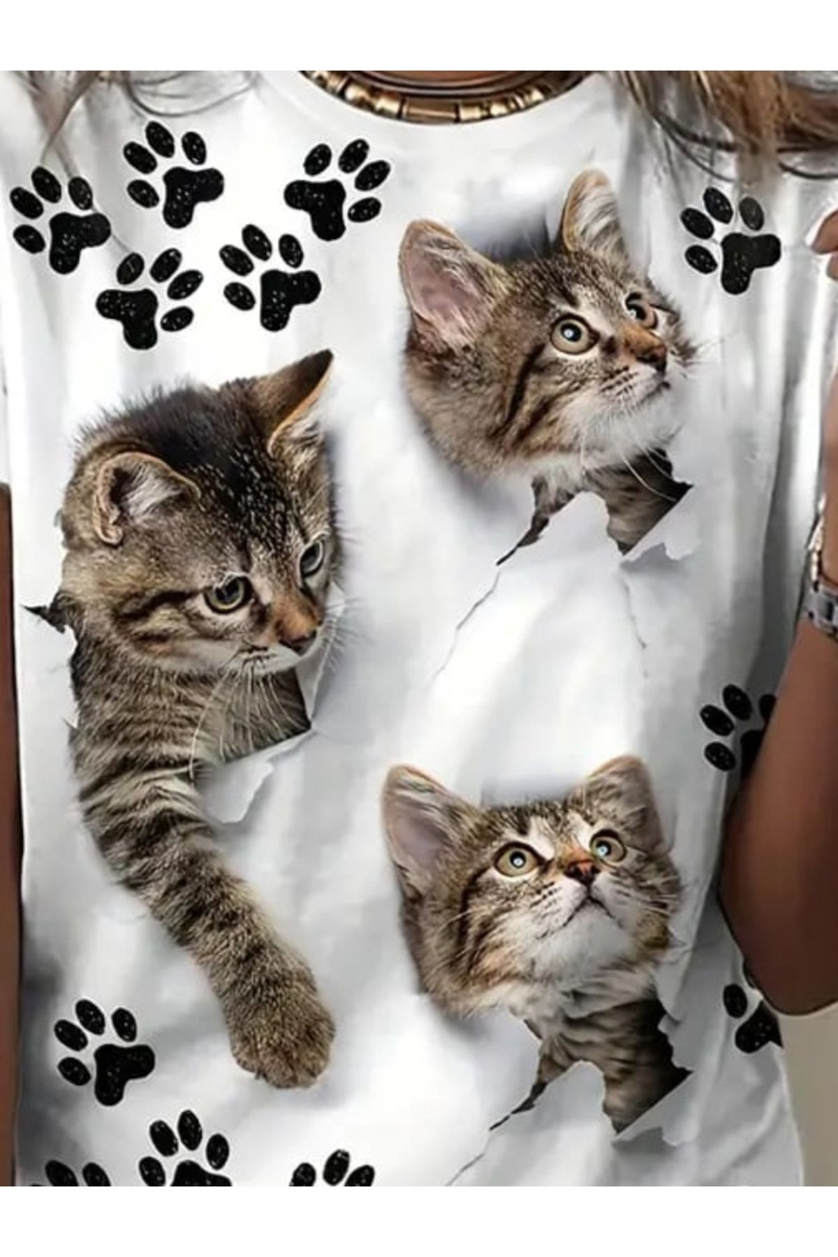Albayrak Kadın Kısa Kollu Kedi Ve Pati Baskılı Süprem T-shirt