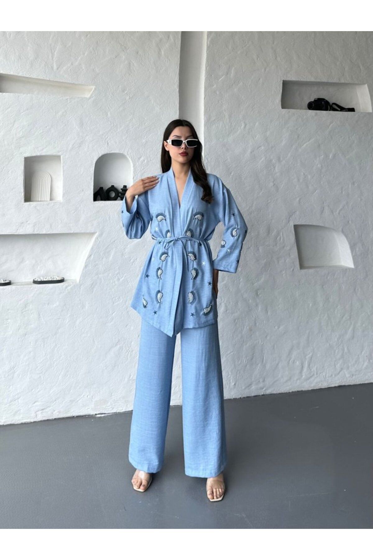 1001moda Nakış İşlemeli Kimono & Pantolon İkili Takım