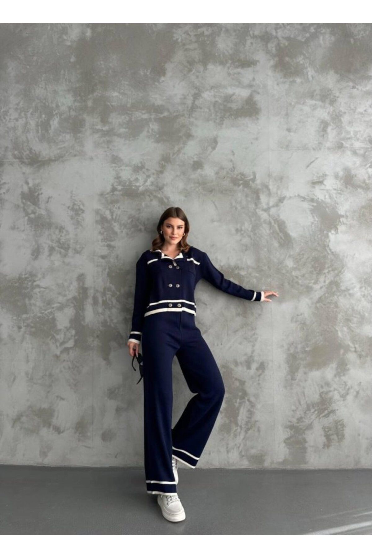 1001moda Şerit Detaylı Hırka Pantolon İkili Takım
