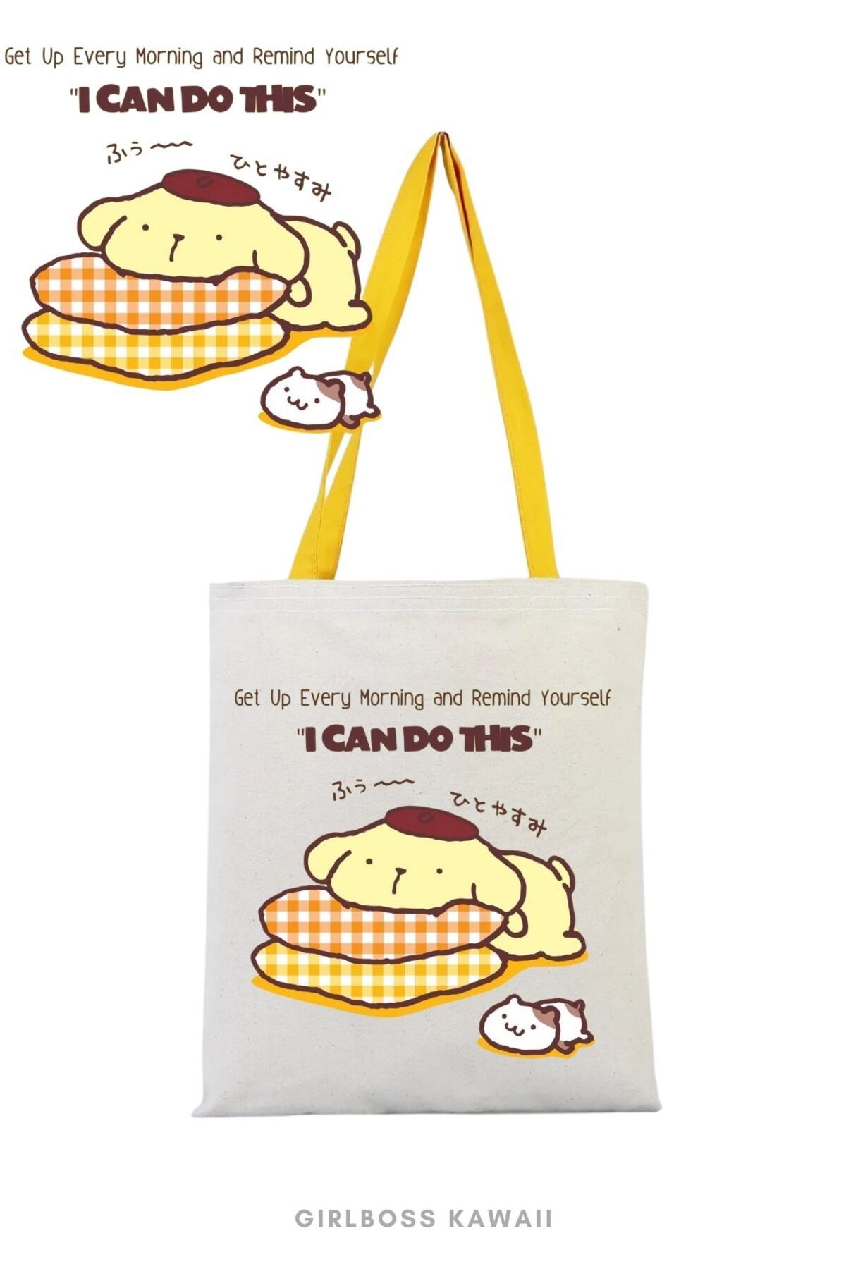 Girlboss Kawaii Girlboss Pompompurin sarı saplı bez kanvas çanta iç cepli model-3