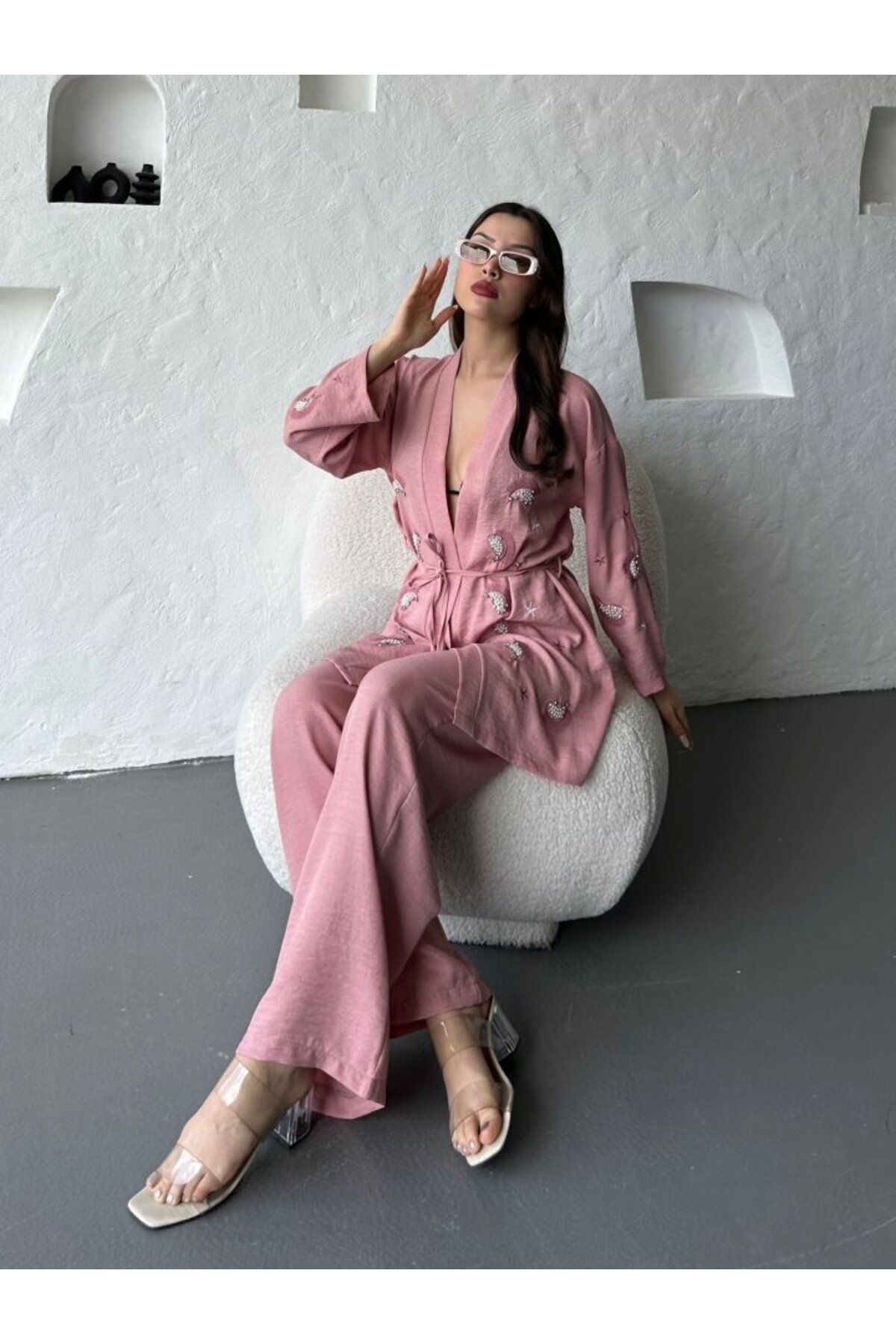 1001moda Nakış İşlemeli Kimono & Pantolon İkili Takım