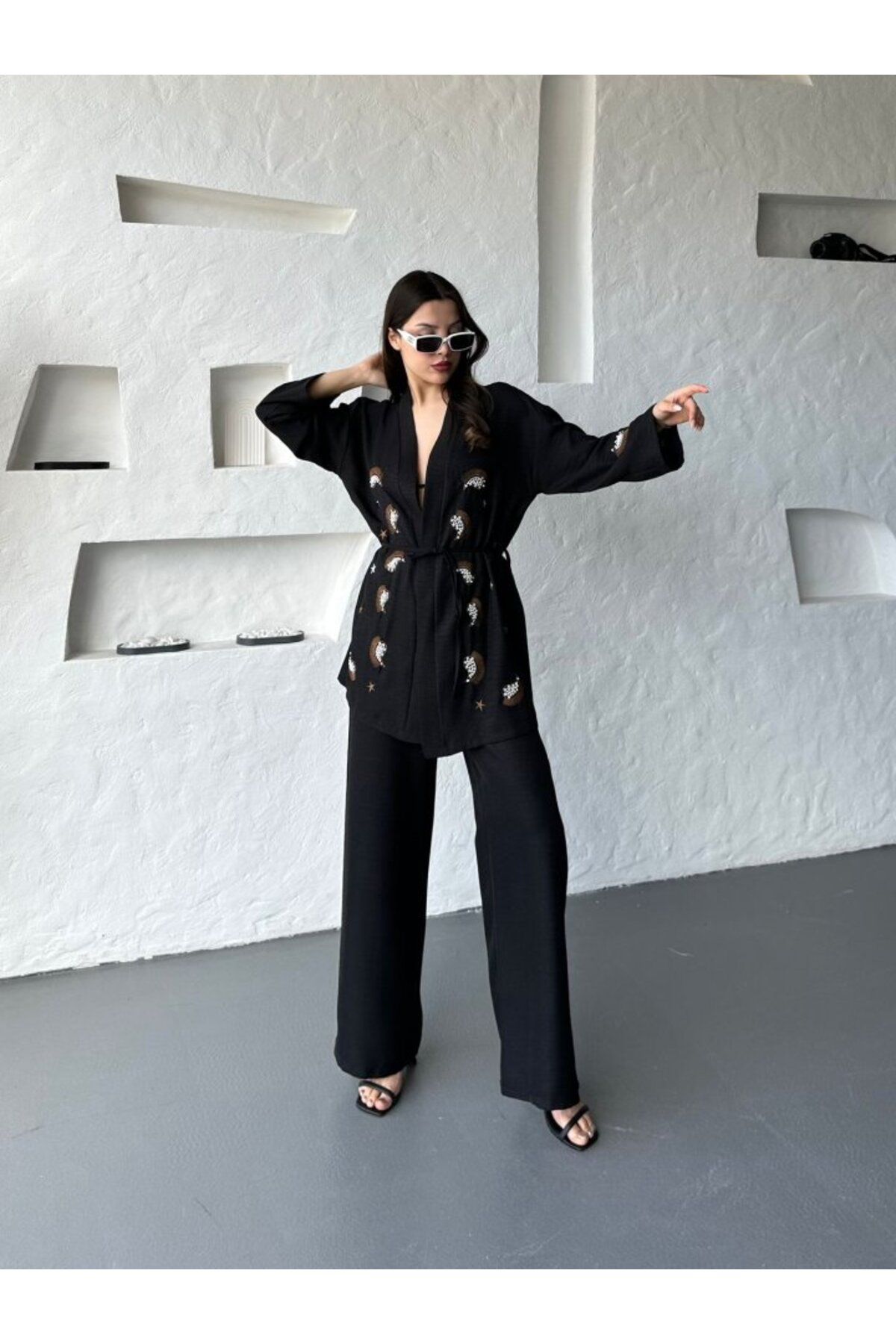 1001moda Nakış İşlemeli Kimono & Pantolon İkili Takım