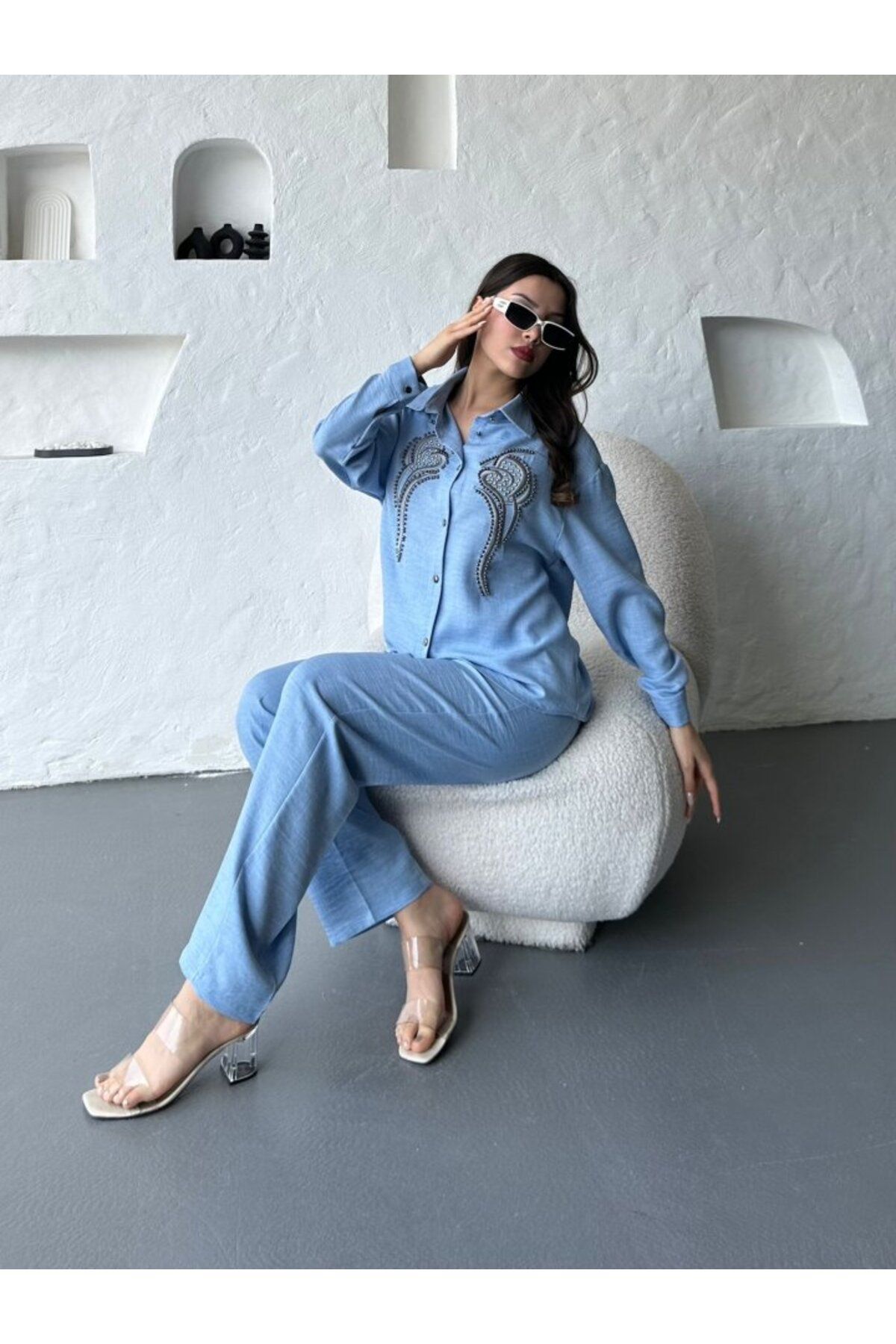 1001moda İşleme Detaylı Gömlek & Pantolon Keten İkili Takım