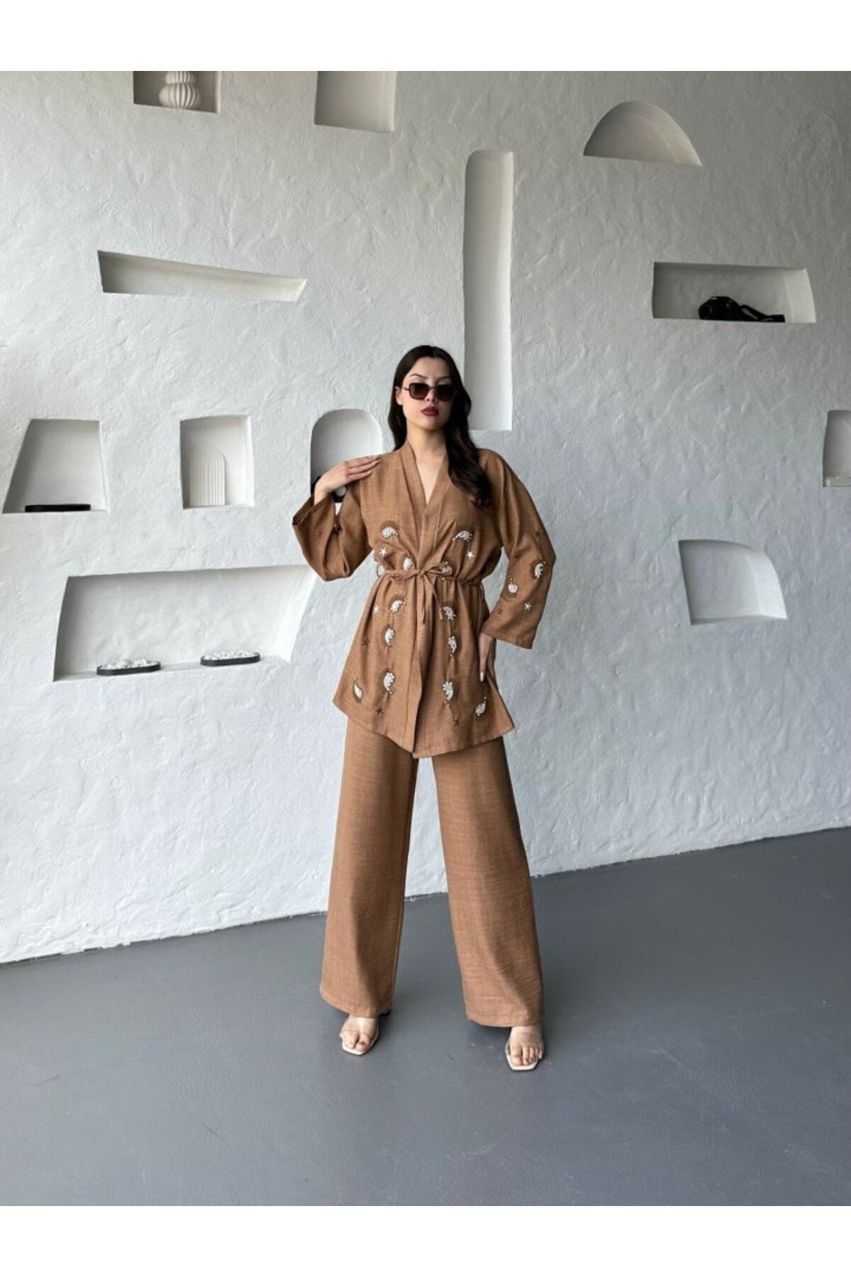 1001moda Nakış İşlemeli Kimono & Pantolon İkili Takım