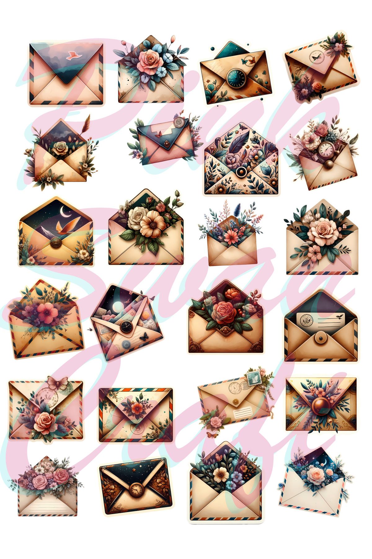 Pink Swan Craft Vintage Çiçekli Mektup Zarfları Etiket Seti, Bullet Journal, Scrapbook, Ajanda, Sticker Seti