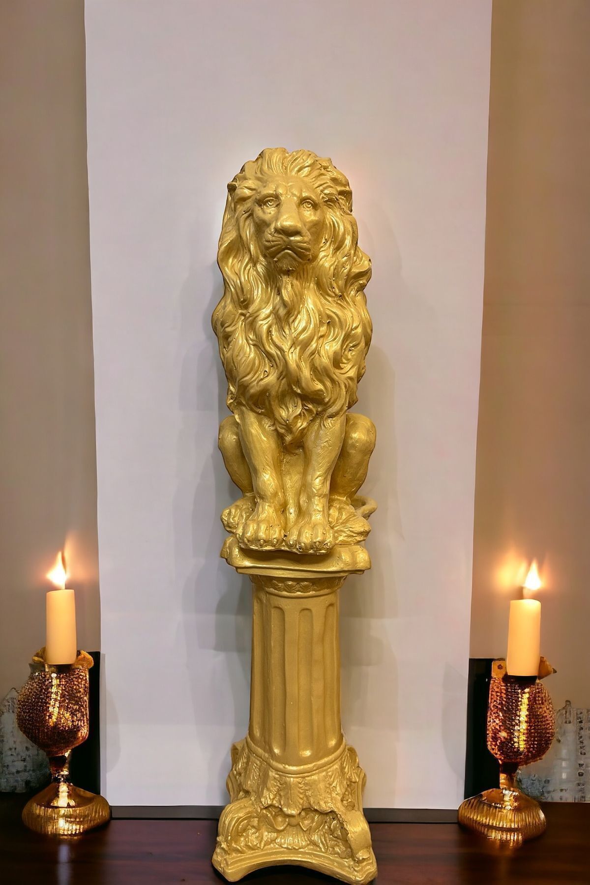 teknotrust Dekoratif 53cm Büyük Boy 2 Parça Gold Takım Gold Sütun Ve Gold Aslan