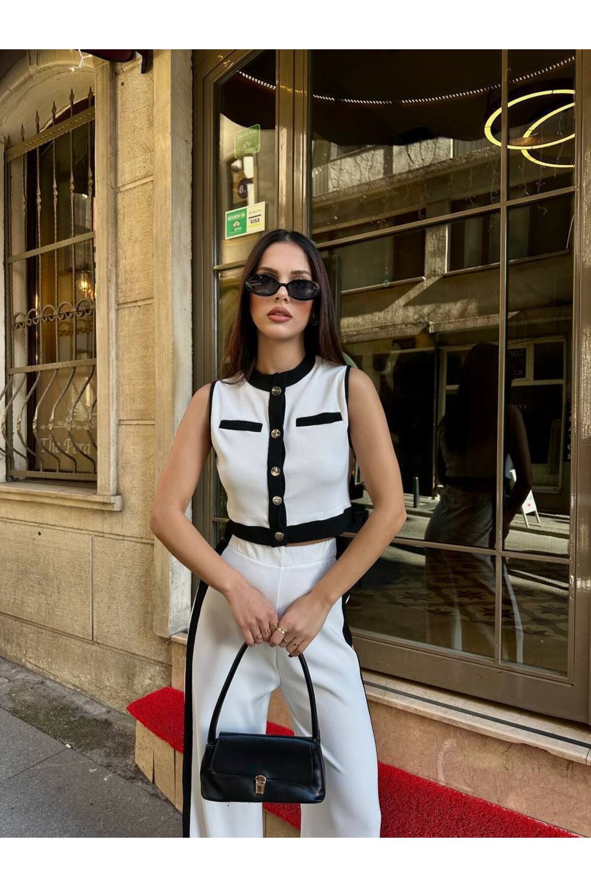 SHEYMA Kadın Ottoman Düğmeli Yelek Şerit Detaylı Palazzo Pantolon