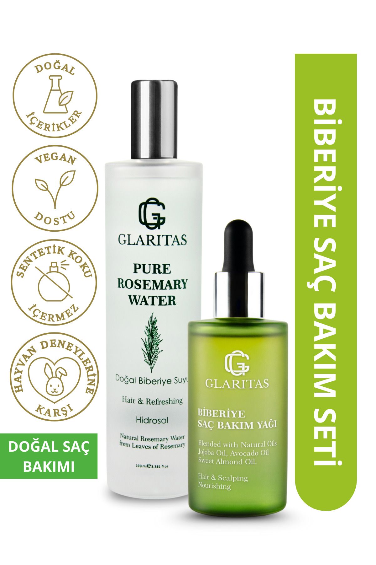 Glaritas Biberiye Saç Bakım Kompleksi ve Biberiye Suyu Seti, %100 Doğal ve Saf, Avokado, Jojoba ve Badem Yağı