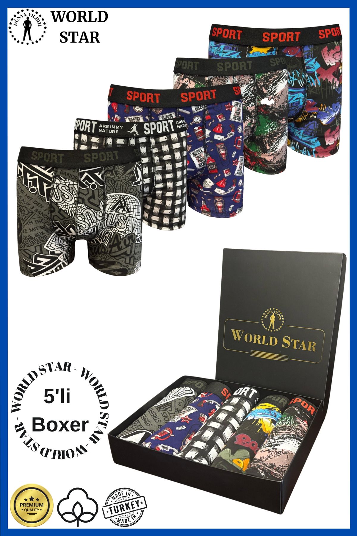 World Star 5'li Desenli Erkek Boxer – Pamuklu ve Likralı – Kutulu Paket