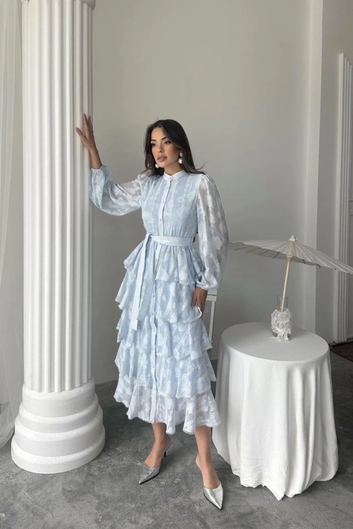 Butik Bebe Mavi Uzun Volanlı Elbise