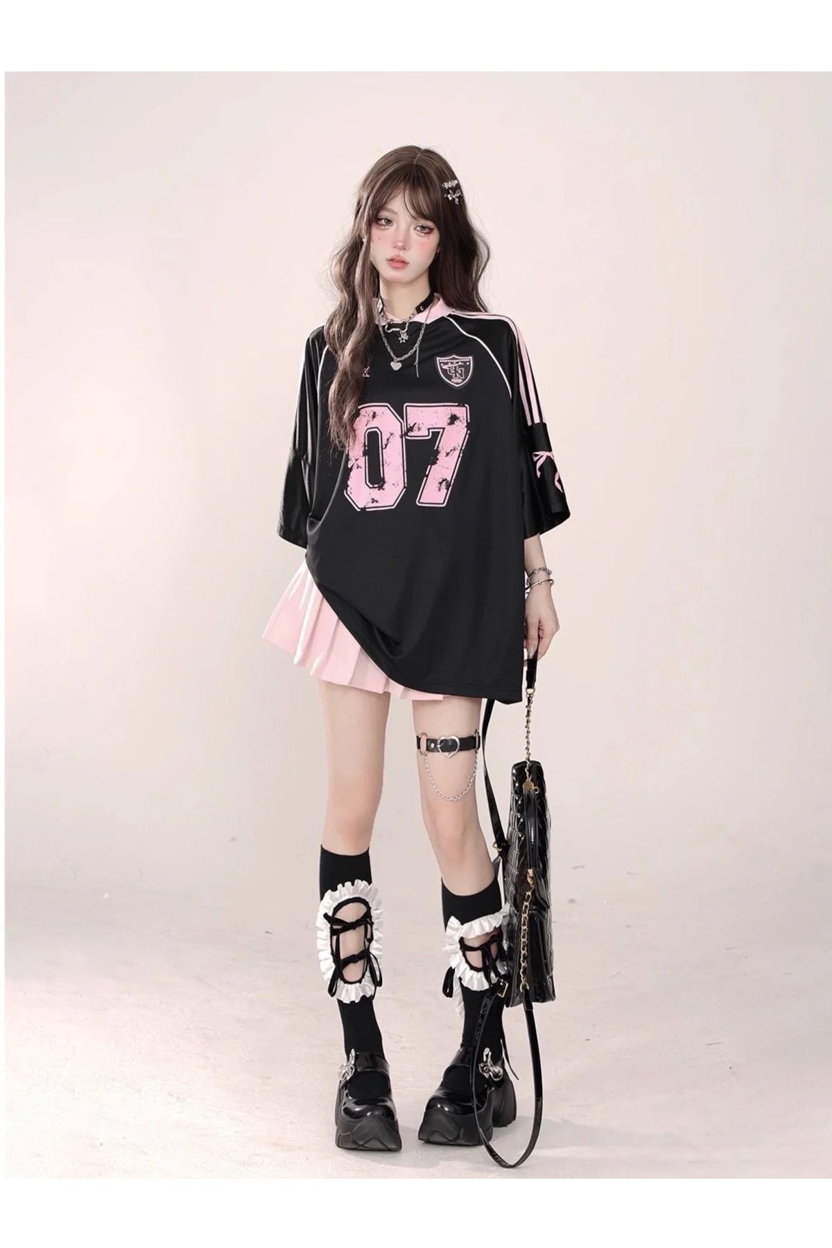 Aesthia Ribbon 07 Pink & Black Oversize Unisex Forma Tshirt -Minga London