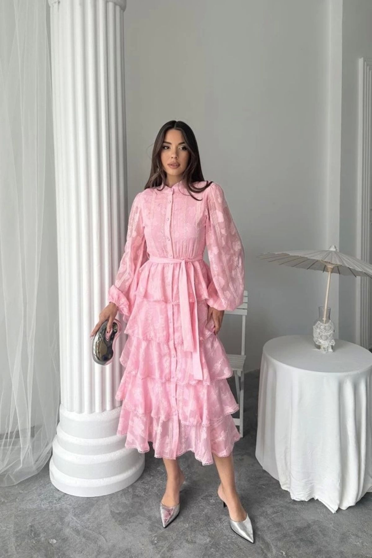 Butik Şeker Pembesi Uzun Volanlı Elbise