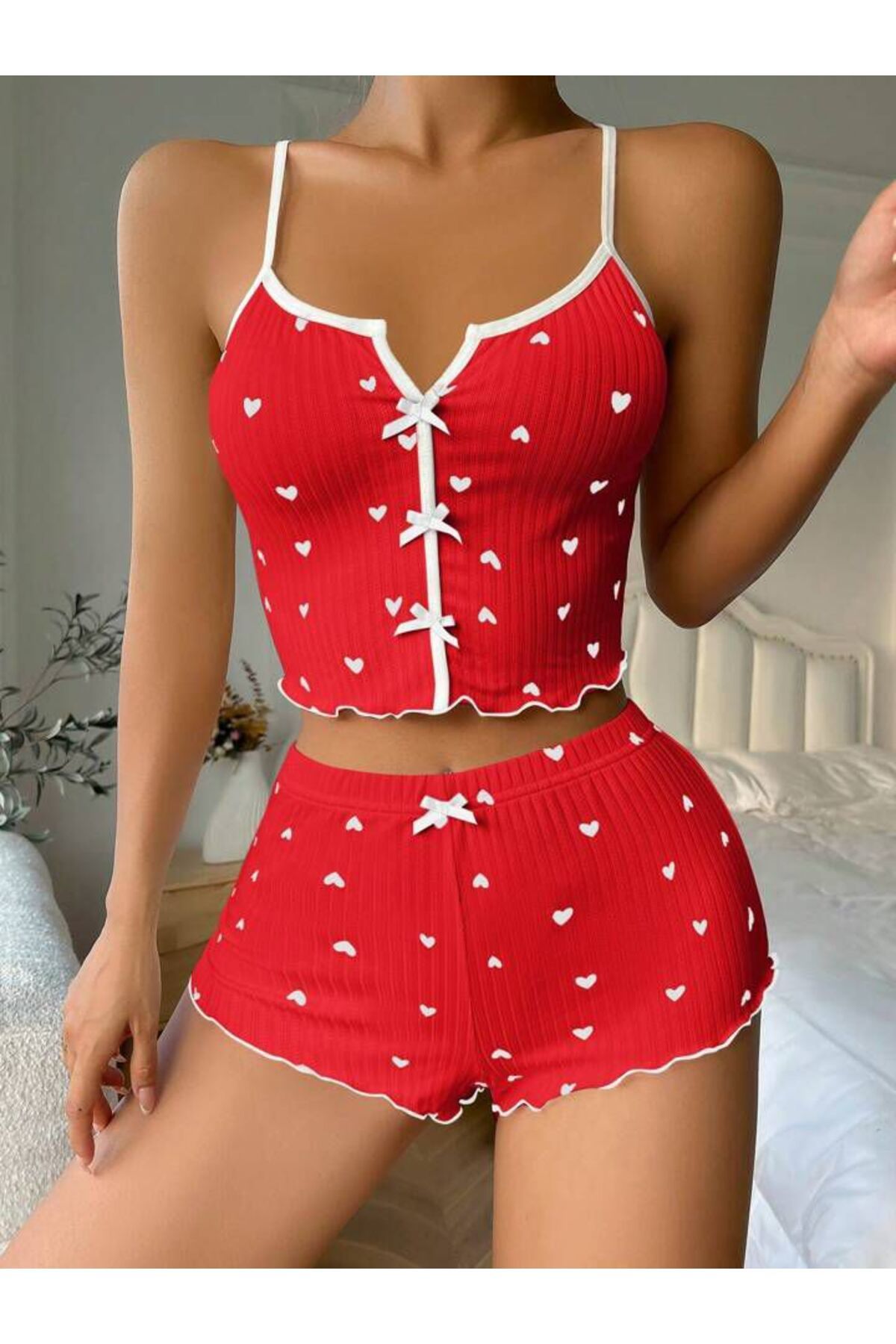 DRESSY LIFE Askılı Crop Kalp Desenli Şortlu Takım Kırmızı