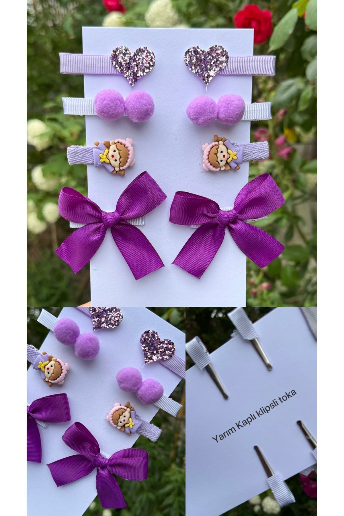 Toka Perisi Kız Çocuk Bebek Glitter kalp,bebek figür,ponpon ve kurdele fiyonk 8’li toka seti
